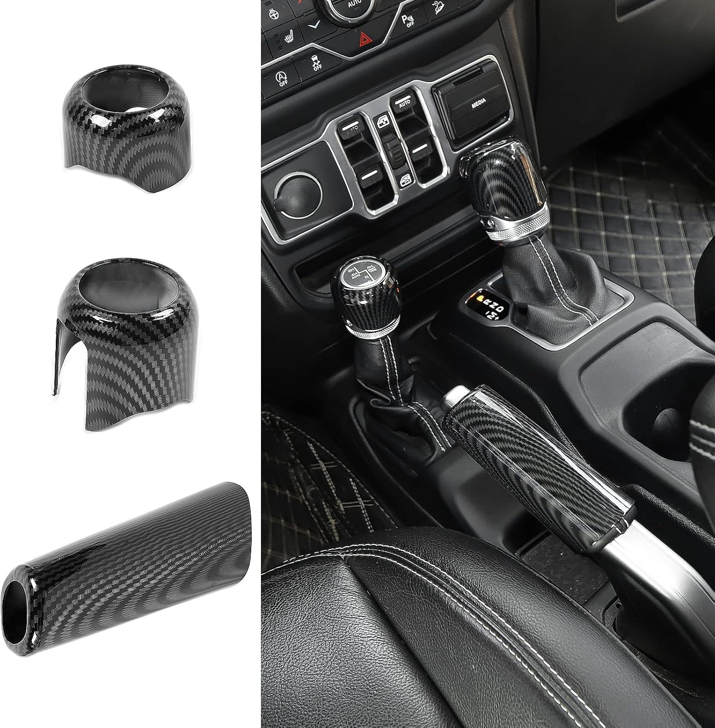 Handbrake Cover + Gear Shift Knob Cover + Drive Mode Shift Knob Cover Fit for 2018-2026 Jeep Wrangler JL JLU(Carbon Fiber)