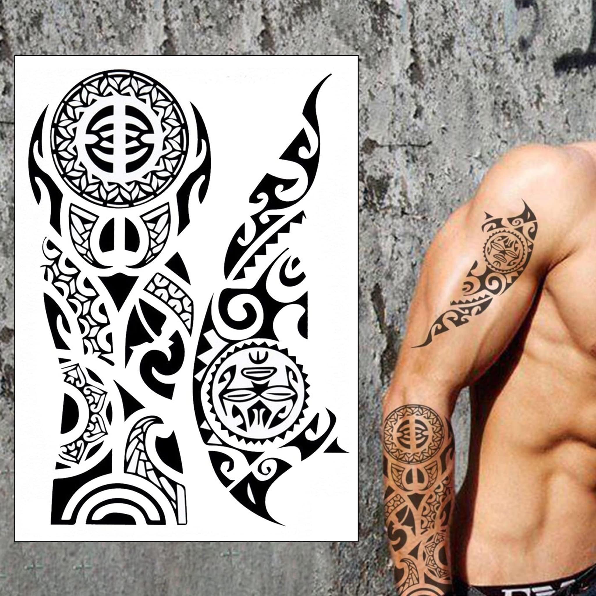 Maori Ta Moko Temporary Tattoo Set - Polynesian, Tribal, Samoan, Black Pattern for arm or leg, Waterproof Transfer for Men, Women, Kids 15cm x 21cm - By Delusion Tattoos
