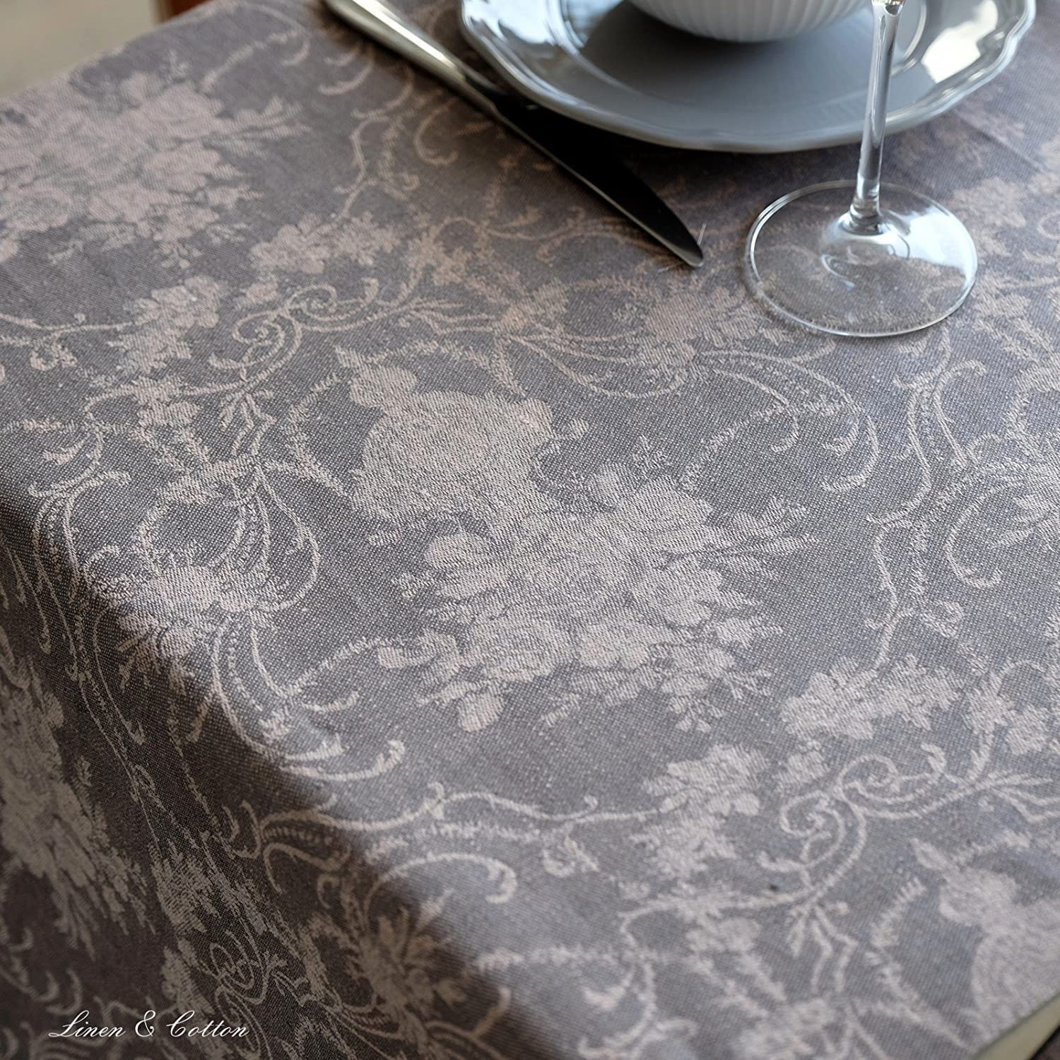 Linen & Cotton Luxus Jacquard Tischdecke Tischtuch Tischwäsche Roseus mit Damast Muster -100% Leinen, Rose/Grau (147 x 220 cm) Lang Festliche Rechteckige Home Küche Dekoration Gastronomie Geburtstag