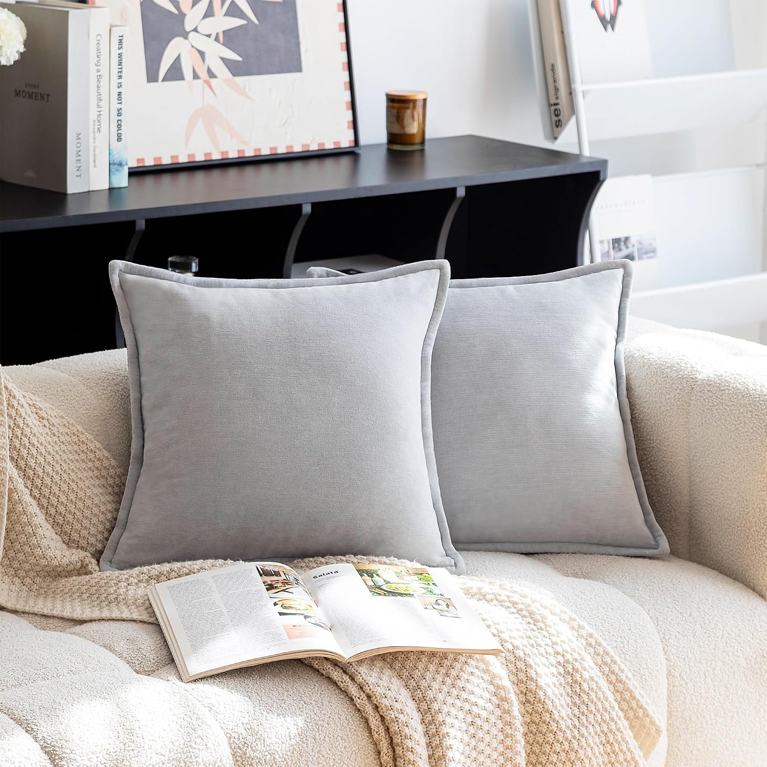 18x18 inch Snow Chenille Throw Pillow Covers 18x18 Inch - Soft Textured Grey Cushion Cases for Couch, Sofa, Bedroom Decor (Set of 1, Insert Not Included)
