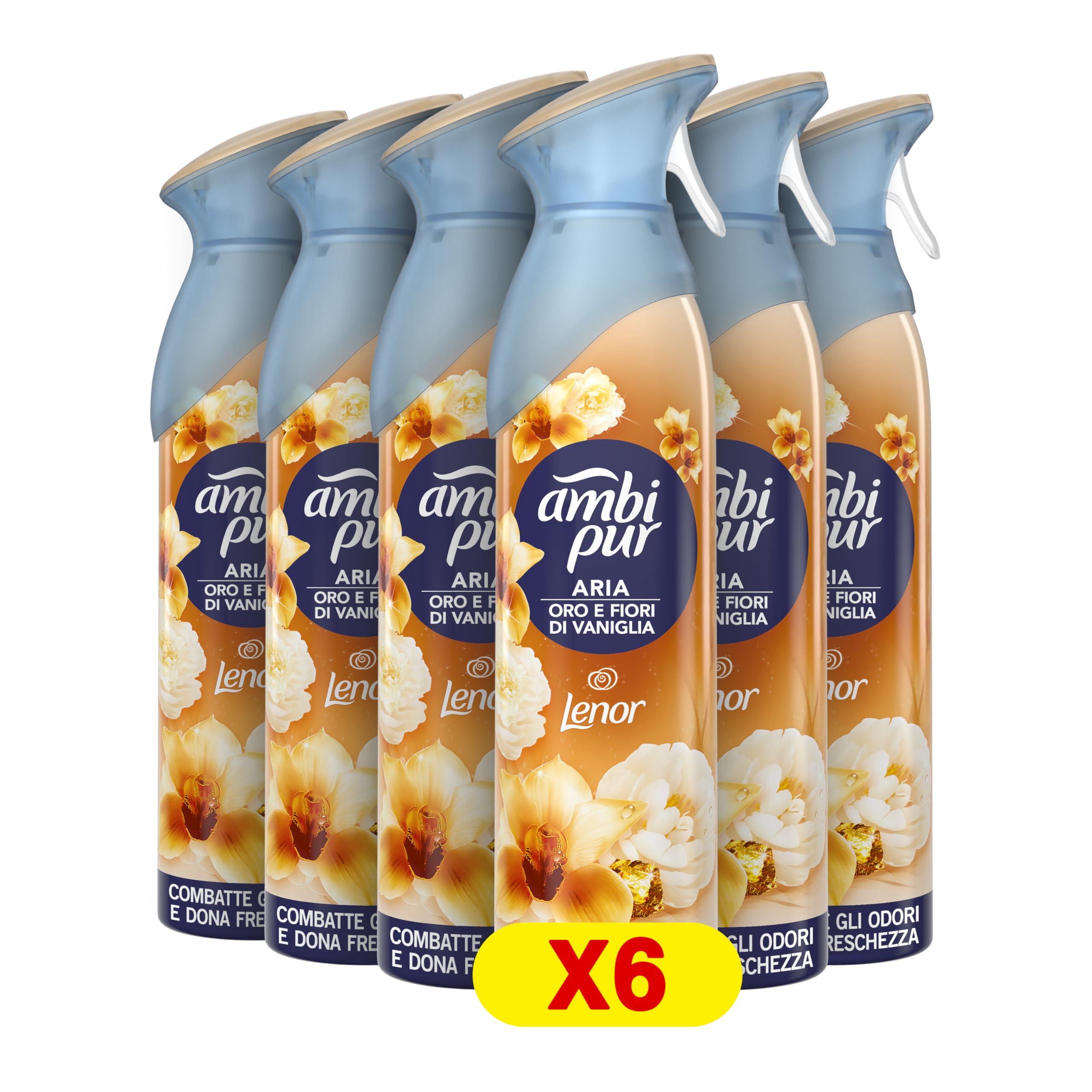 Ambi Pur Deodorante Ambiente Spray, Confezione da 6 Deodoranti, Fragranza Lenor Oro e Fiori di Vaniglia, Combatte Gli Odori In Qualsiasi Stanza Della Casa