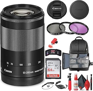 Canon EF-M 55-200mm f/4.5-6.3 is STM Lens (Black) (9517B002) + Filter Kit + Backpack + 64GB Card + Card Reader + Flex Tripod + Memory Wallet + Cap Keeper + Cleaning Kit + Hand Strap + More (Renewed)