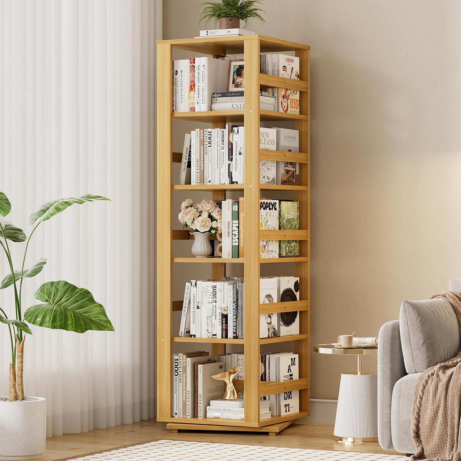Homykic Rotating Bookshelf, Bamboo 360 Display Spinning Bookshelf Tower, 5-Tier Small Corner Bookcase for Small Spaces, Narrow Revolving Book Shelf Organizer Rack for Home Office, Natural