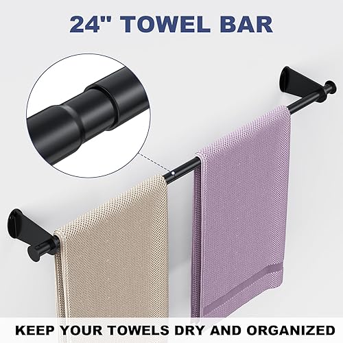 Miniatura 3 de Juego de accesorios de baño de 5 piezas, barra de toalla de baño de 24 pulgadas, toallero montado en la pared, soporte para papel higiénico, gancho