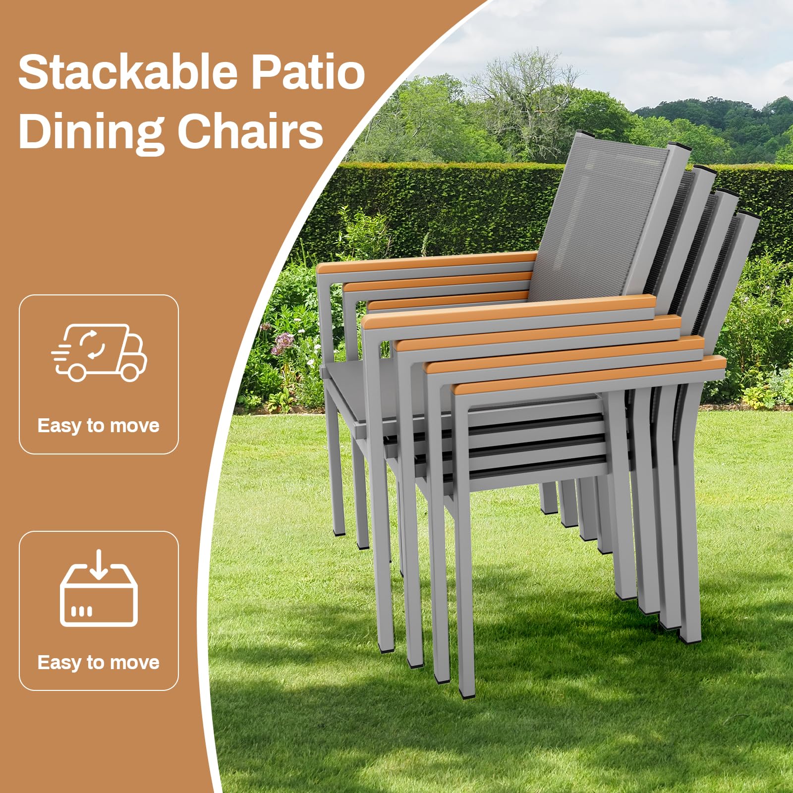 LIFERUN Krzesła ogrodowe, zestaw 4 sztuk, aluminium, możliwość układania w stos, tekstylne, poręcz WPC, krzesła balkonowe, na taras, balkon, taras, basen, do restauracji, odporne na warunki