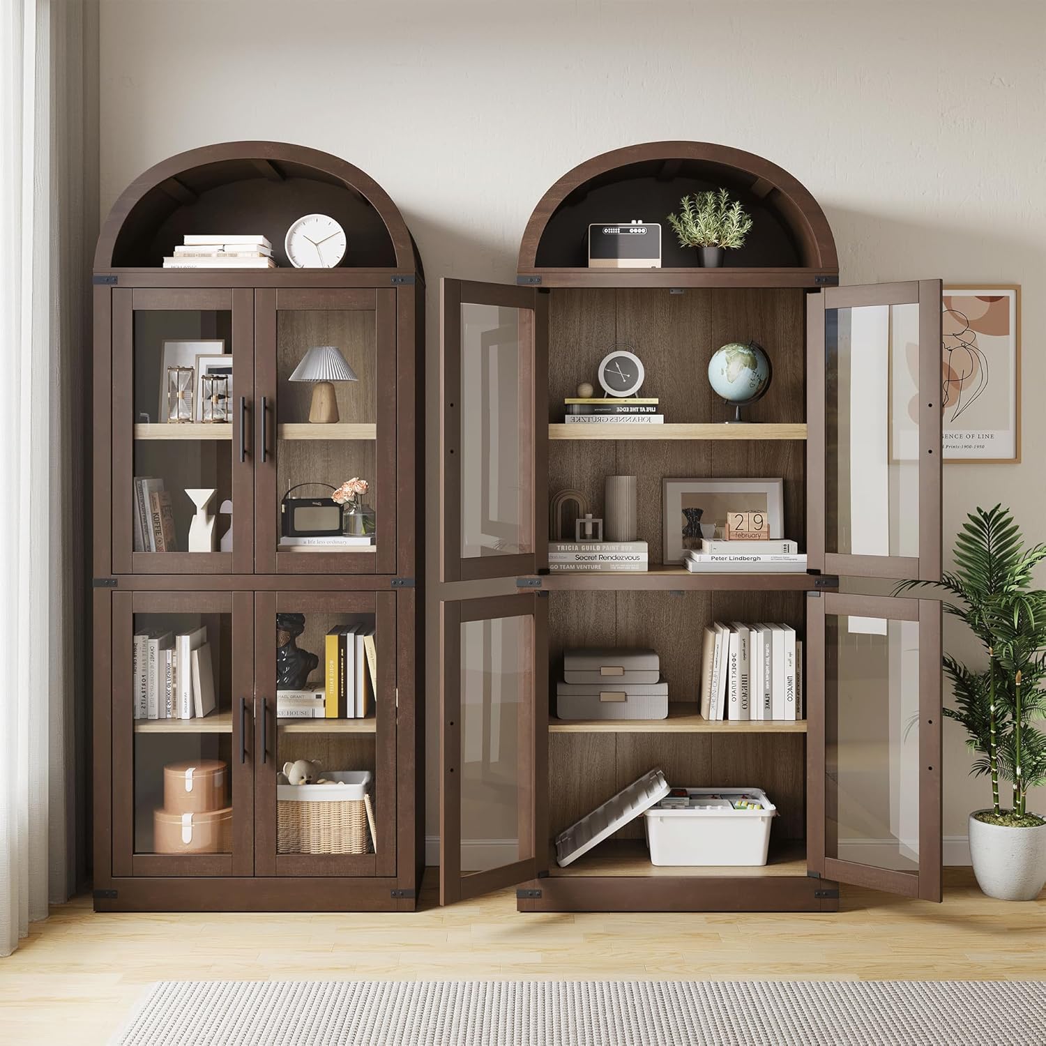 GarveeHome Arched Bookcase with Doors Modern 6-Tier Bookshelf with Storage Wooden Display Cabinet Farmhouse Storage Shelves for Living Room, Kitchen, Office