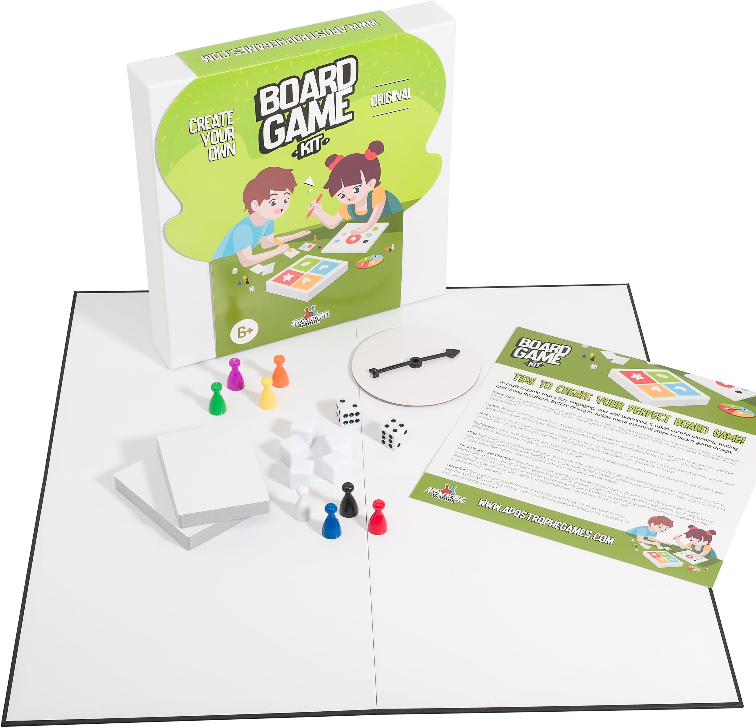 Apostrophe Games Create Your Own Board Game (Blank Game Board, Box & Accessories) with, Game Pieces, Blank Cards Blank Spinner & Dice