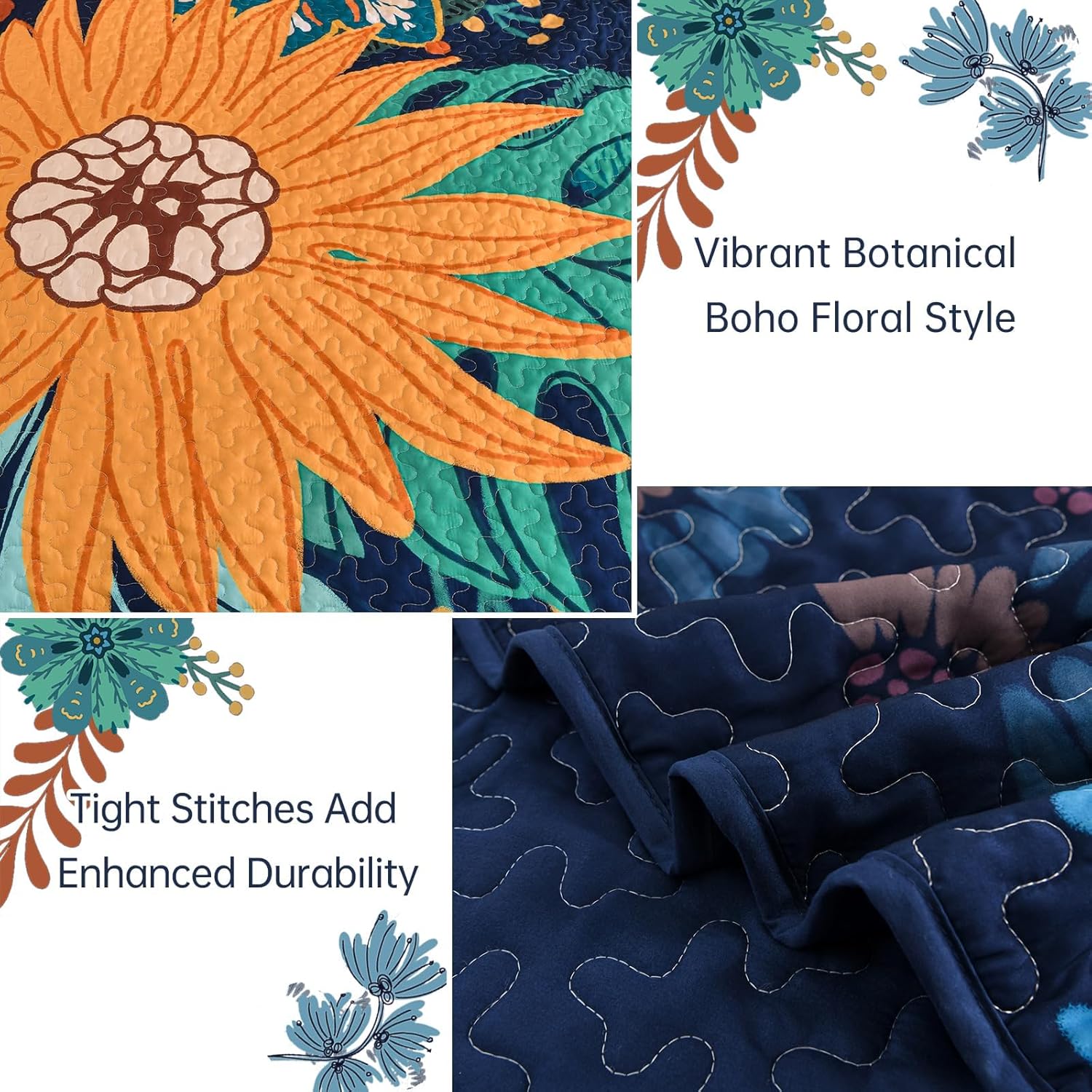 DJY Boho Floral Quilt Set Queen Size Navy Blue 3 Piece Bedspread Coverlet Botanical Farmhouse Quilt Bedding Set, Reversible Lightweight Microfiber Bed Cover for All Season, 90''x96'' - Image 6