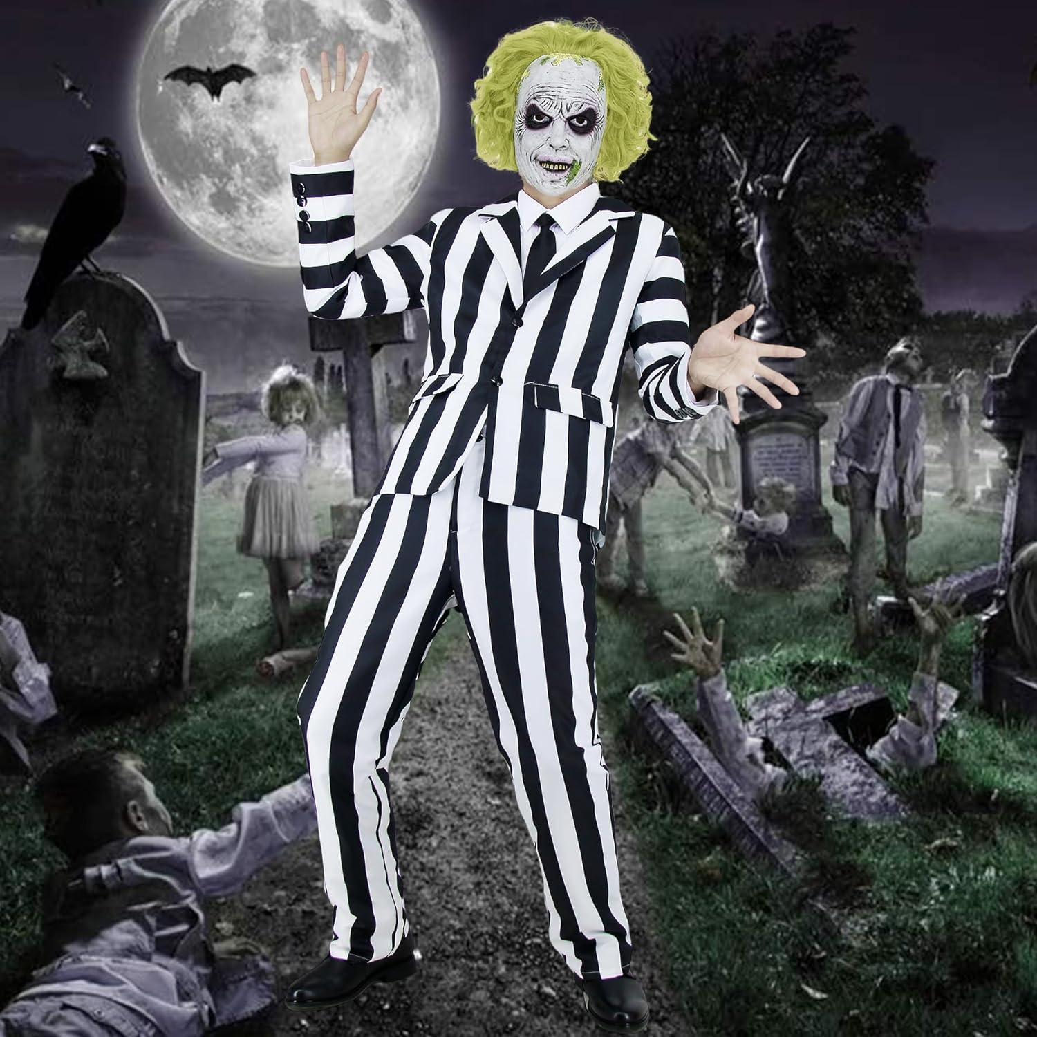 Black and White Striped Suit Men Halloween Costumes Adult Horror Comedy Movie Character Cosplay Outfit Shirt Tie