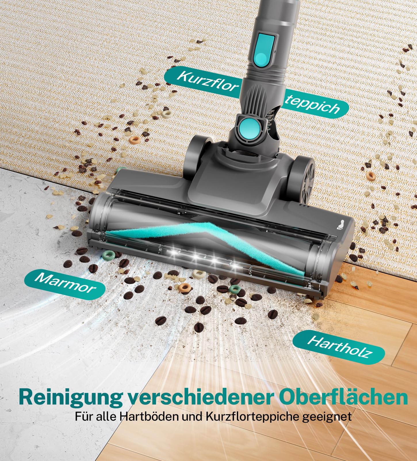 Akku Staubsauger, 30000Pa/55Min Staubsauger Kabellos, Anti-Tangle-Bürste und Selbststehend, Ultraleichter Handstaubsauger akku vacuum cleaner Stielstaubsauger für Teppichen, Hartboden, Tierhaare
