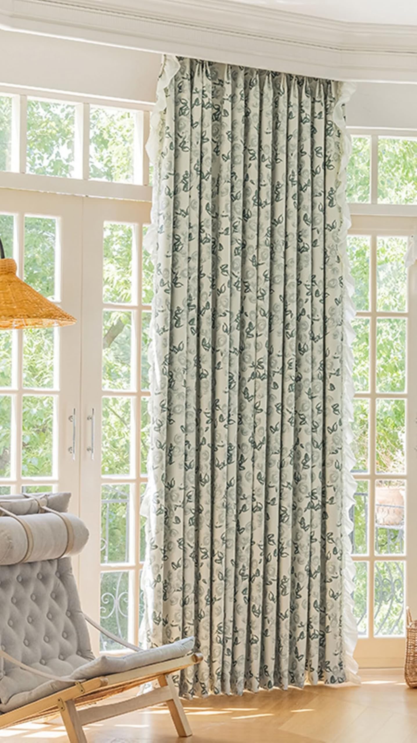 Verdunklungsvorhänge Wohnzimmer, Gardinen Deko 2 Stück Grün Chenille Blumenmuster mit Rüschen BxH 137x183cm