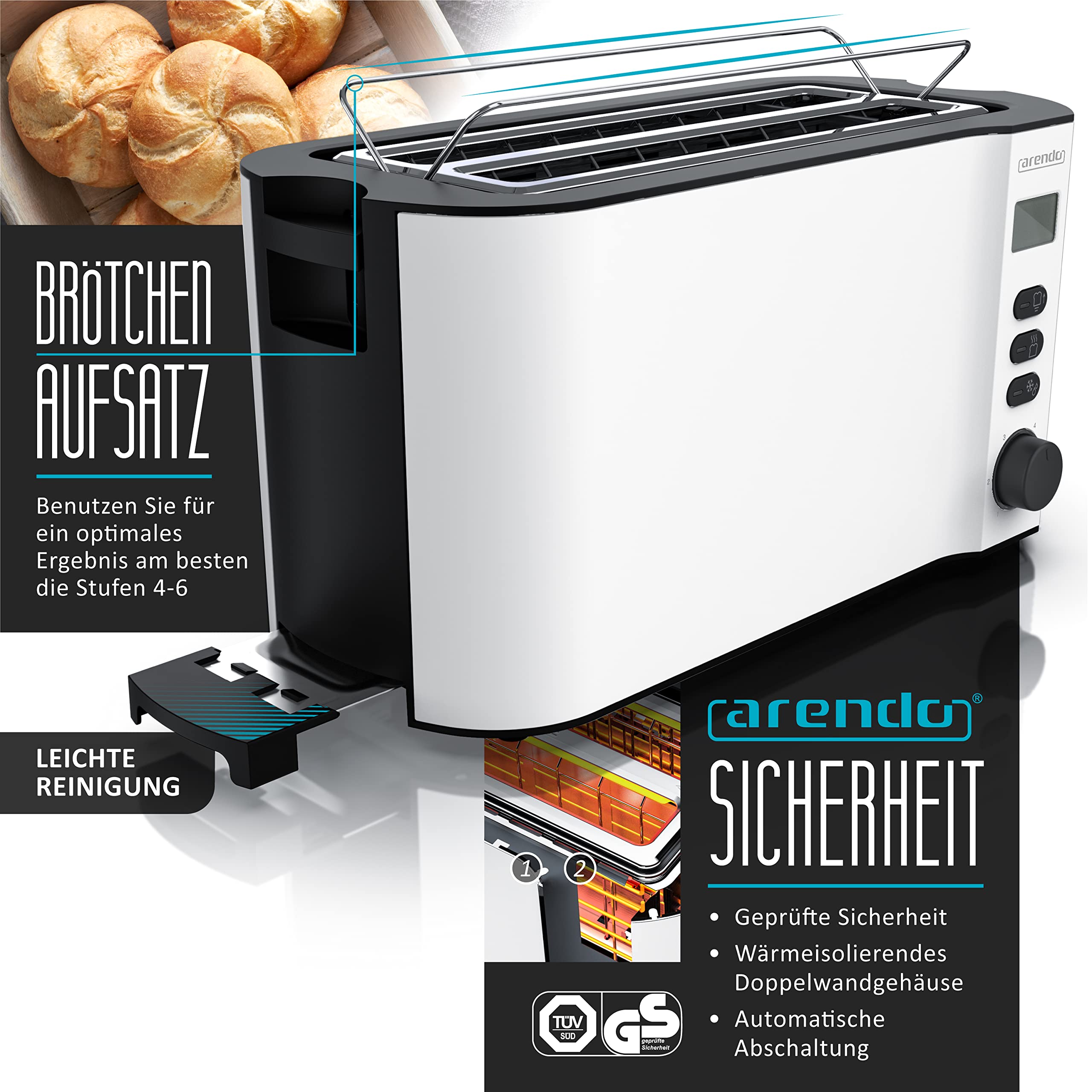 Arendo Wasserkocher Toaster SET Edelstahl Weiß matt 1,5L 4 Scheiben LED-Display