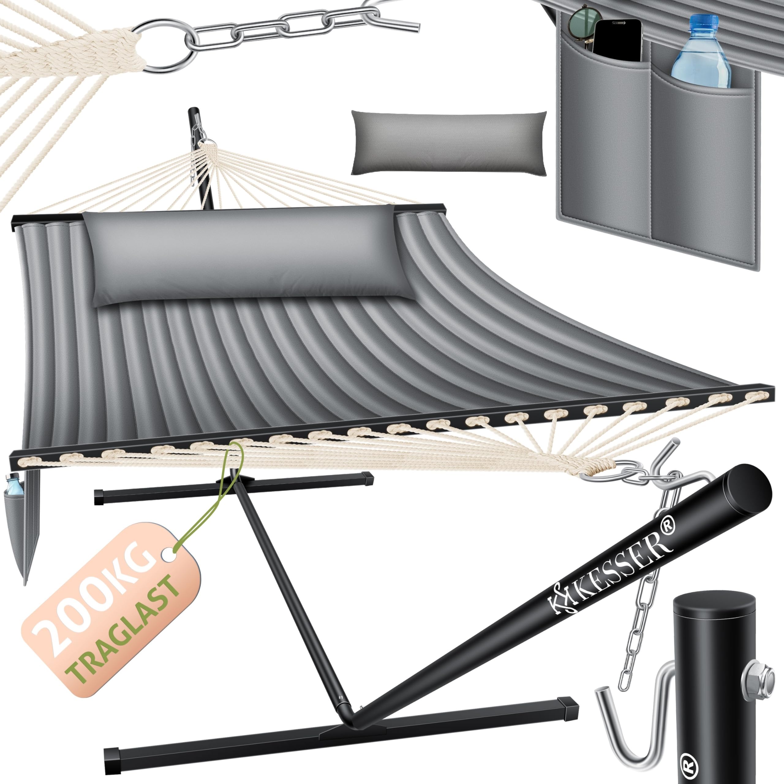 KESSER® Hamaca Hill con Estructura Almohada Doble para 2 Personas - Resistente Marco - Capacidad 200kg Interior y Exterior XXL Columpio Doble Multijugador Jardín Piscina Balcón Terraza Gris