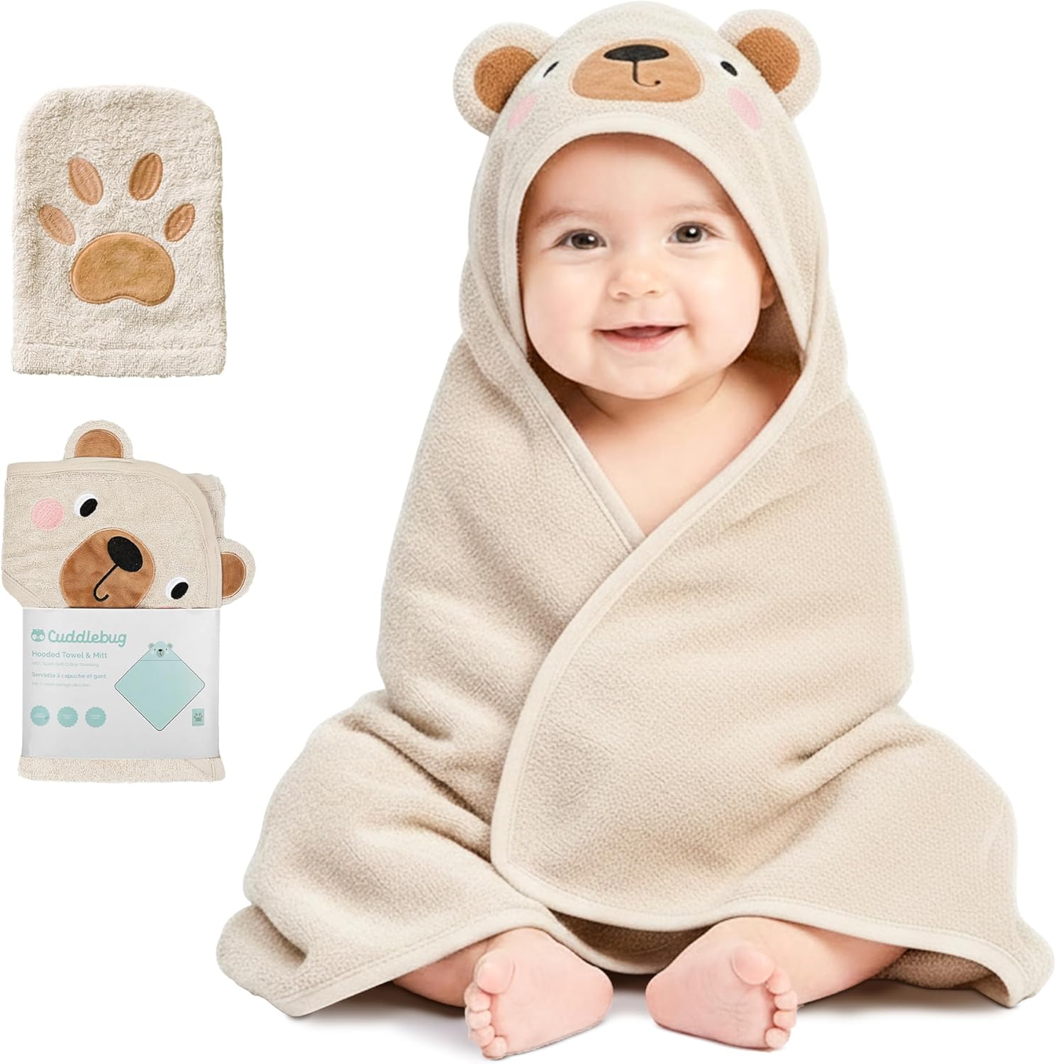 CuddleBug Premium Hooded Baby Bath Towel & Washcloth Set (Bear) - 100% Cotton Terrycloth Hooded Baby Towels for Newborn & Toddler - Super-Soft & Absorbent, Newborn Essentials (30" x 30") - Honey Beige