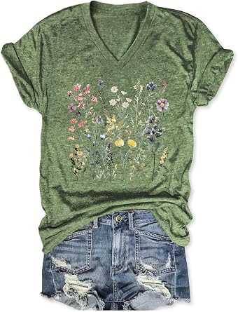 Boho Floral Shirts for Women Wildflower Graphic Tees Vintage Flower Printed V Neck T Shirts Gardening Plant Lover Gifts