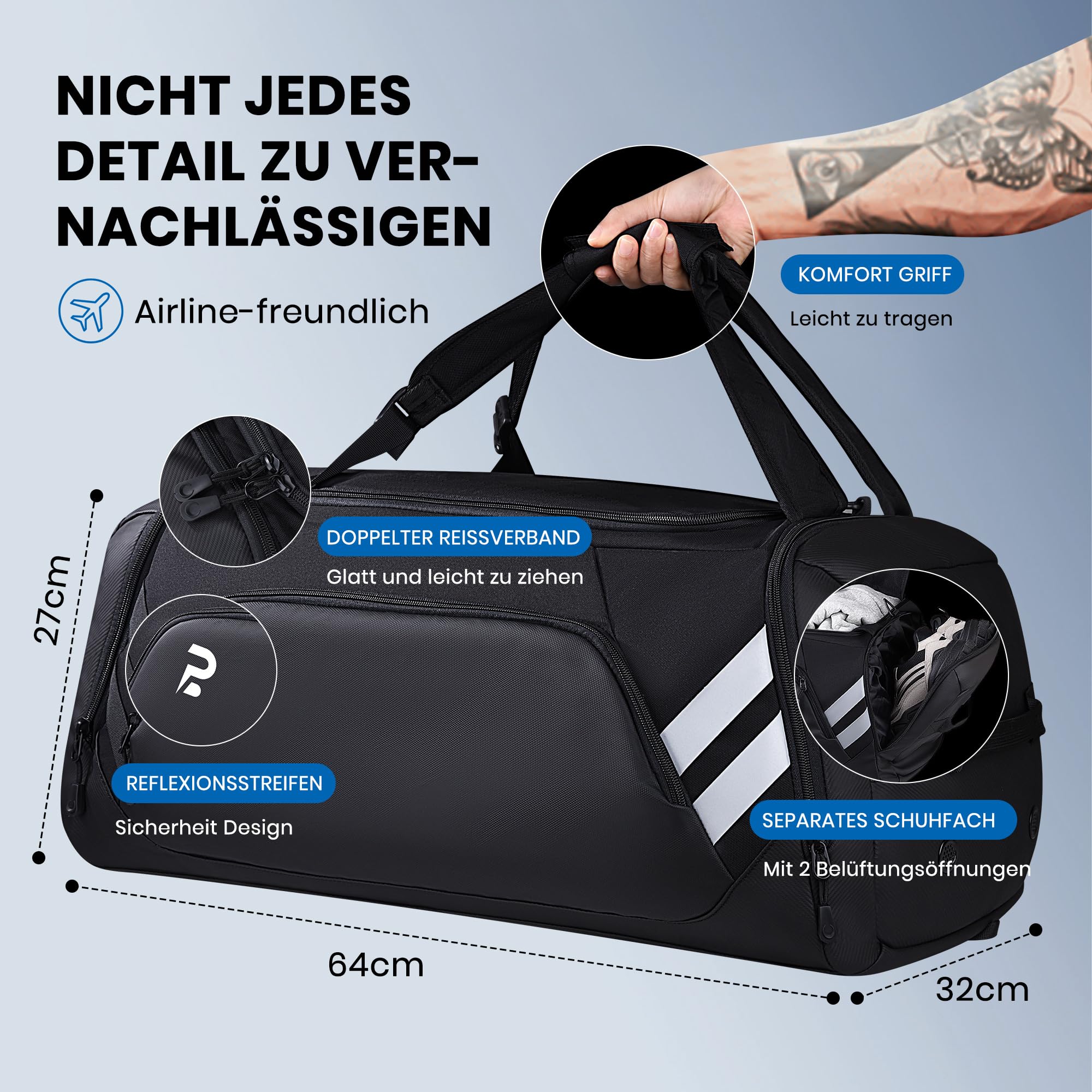 Sporttasche 58L Reisetasche mit Schuhfach und Nassfach, Gym Bag für Fitness, Schwimmen, Reisen