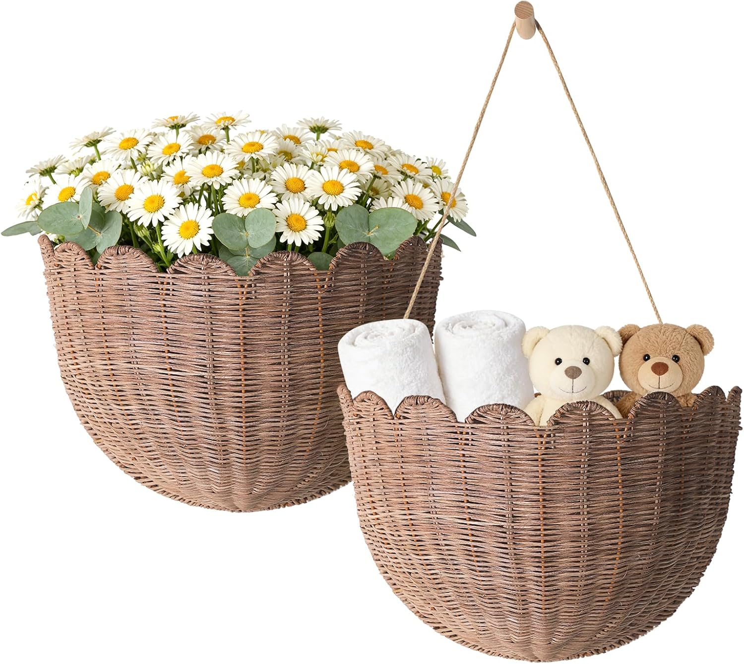 Natural Handwoven Scalloped Wall Basket Set of 2, Premium Rattan Wicker Wall Hanging Organizer for Boho Home Decor, Decorative Wall Storage for Bathroom, Entryway, Living Room & Craft Room