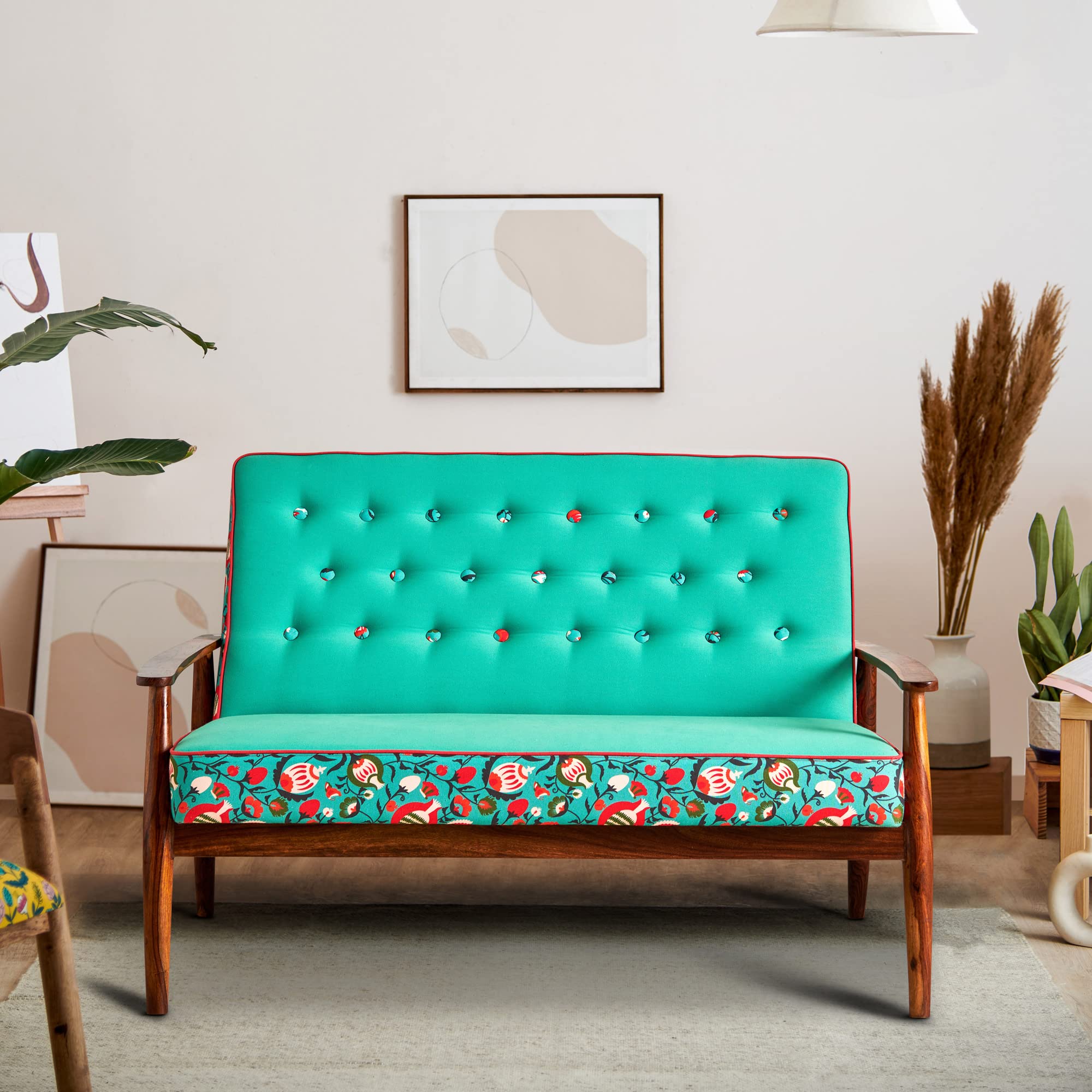 Chumbak Memsaab Loveseat - Tuffted Teal (2 Seater Sofa, Sheesham Wood, Teal)-image-44