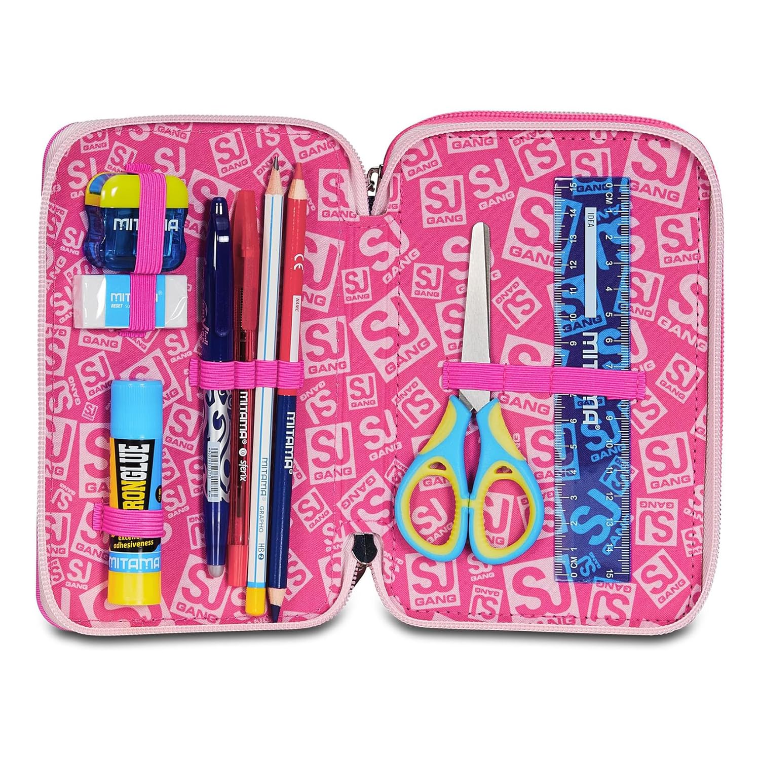 SJ GANG STYLE JAM GANG Astuccio Scuola 3 Zip, Rosa, PinkHugs, Portapenne Triplo Scomparto Completo Di Penne, Matite, Colori, Accessori Zaino, Elementari, Medie, Bambina