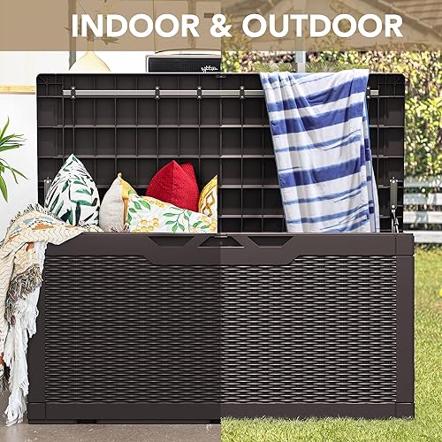 Vista 144 de Devoko Caja de resina de 120 galones, impermeable, para interiores y exteriores, contenedor de almacenamiento grande con cerradura para muebles
