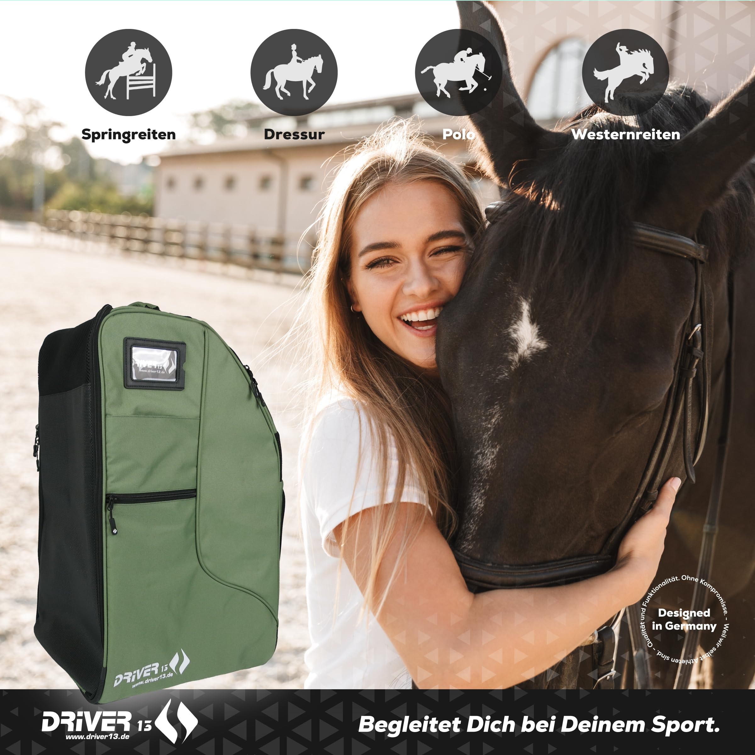 Driver13 Reitstiefelrucksack Deluxe mit Helmfach, Reitstiefeltasche und Stiefeletten Tasche, für Reitstiefel und Zubehör, Farbvarianten