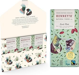 – Dark Mint Dark chocolate with 60% cocoa and pure mint oil. Certified organic, Fairtrade, and net climate positive. Beautiful gifts for everyone. 3x 80g Full Size Bars.