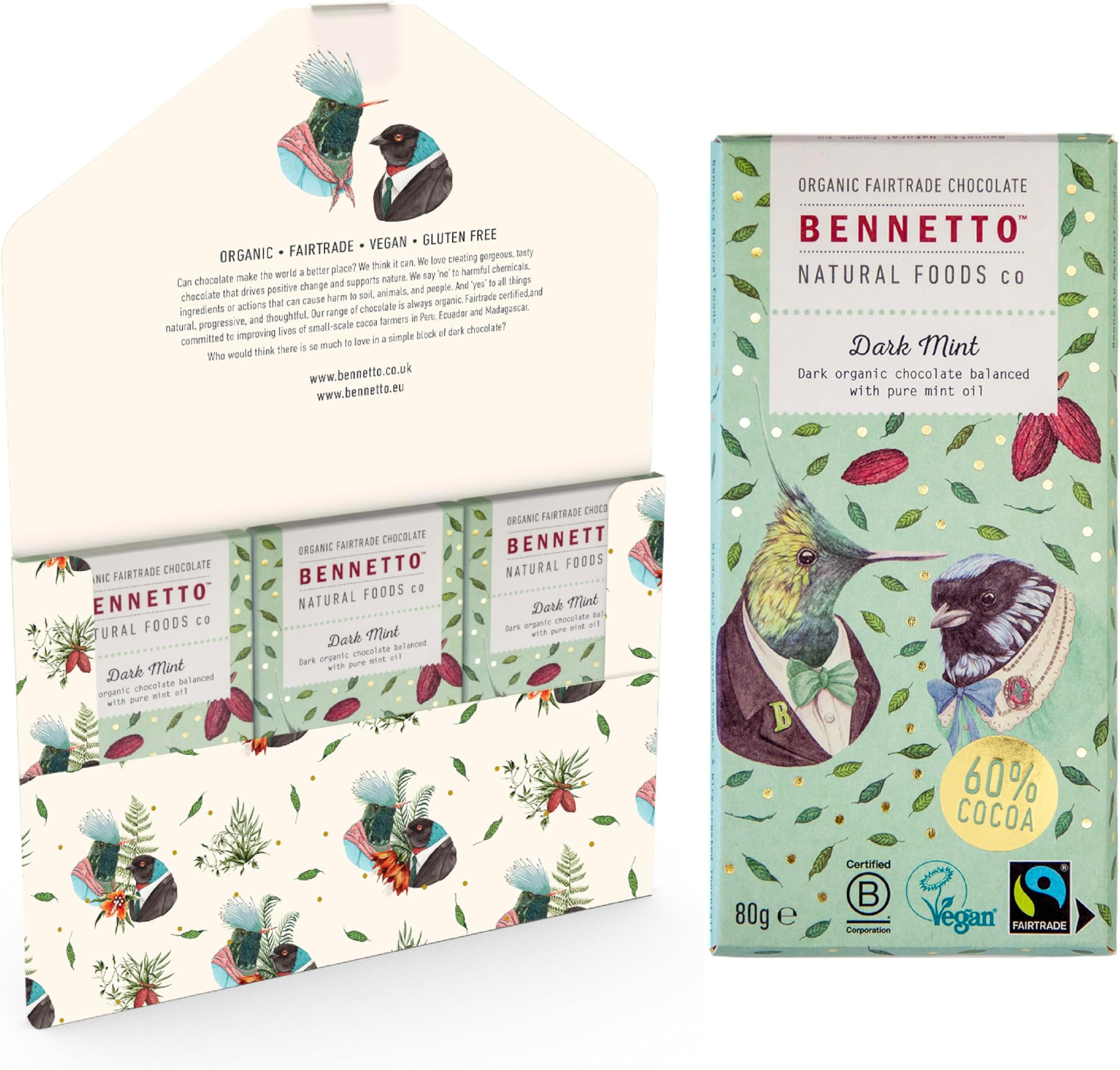 – Dark Mint Dark chocolate with 60% cocoa and pure mint oil. Certified organic, Fairtrade, and net climate positive. Beautiful gifts for everyone. 3x 80g Full Size Bars.