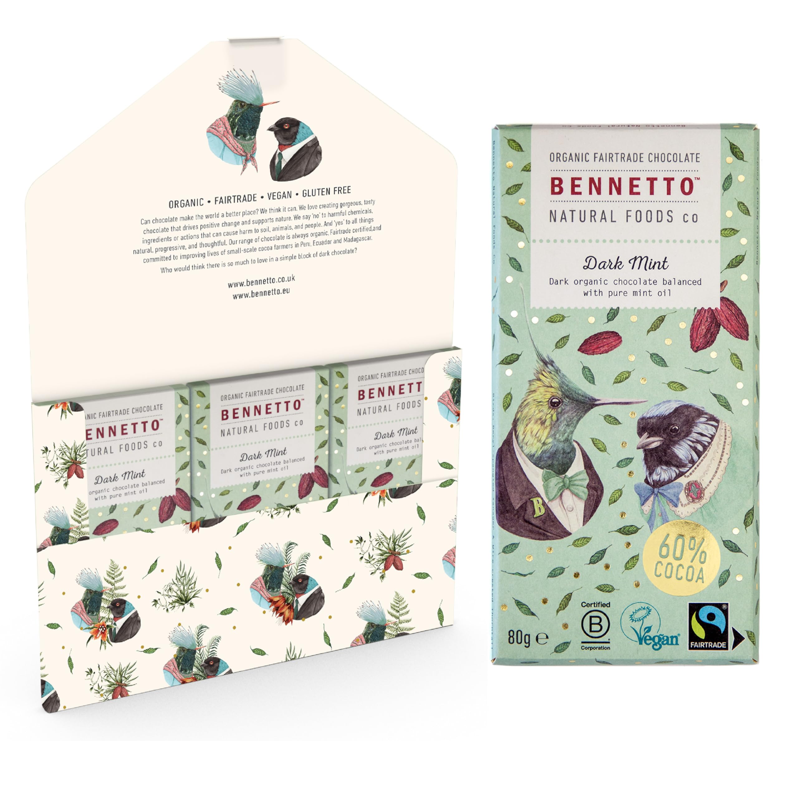 Dark Mint Dark chocolate with 60% cocoa and pure mint oil. Certified organic, Fairtrade, and net climate positive. Beautiful gifts for everyone. 3x 80g Full Size Bars.