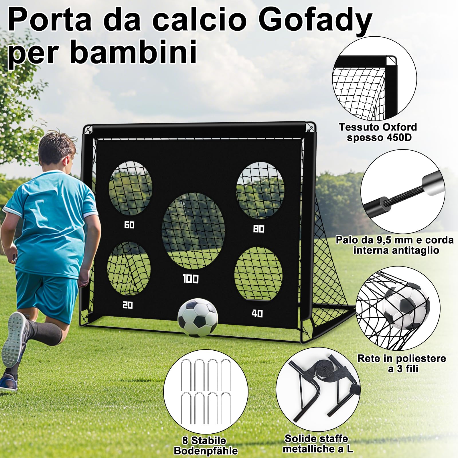 Porta da Calcio per Bambini 2 in 1, Portatile Pop Up con 5 Fori, Rete da Calcio per Interni ed Esterni