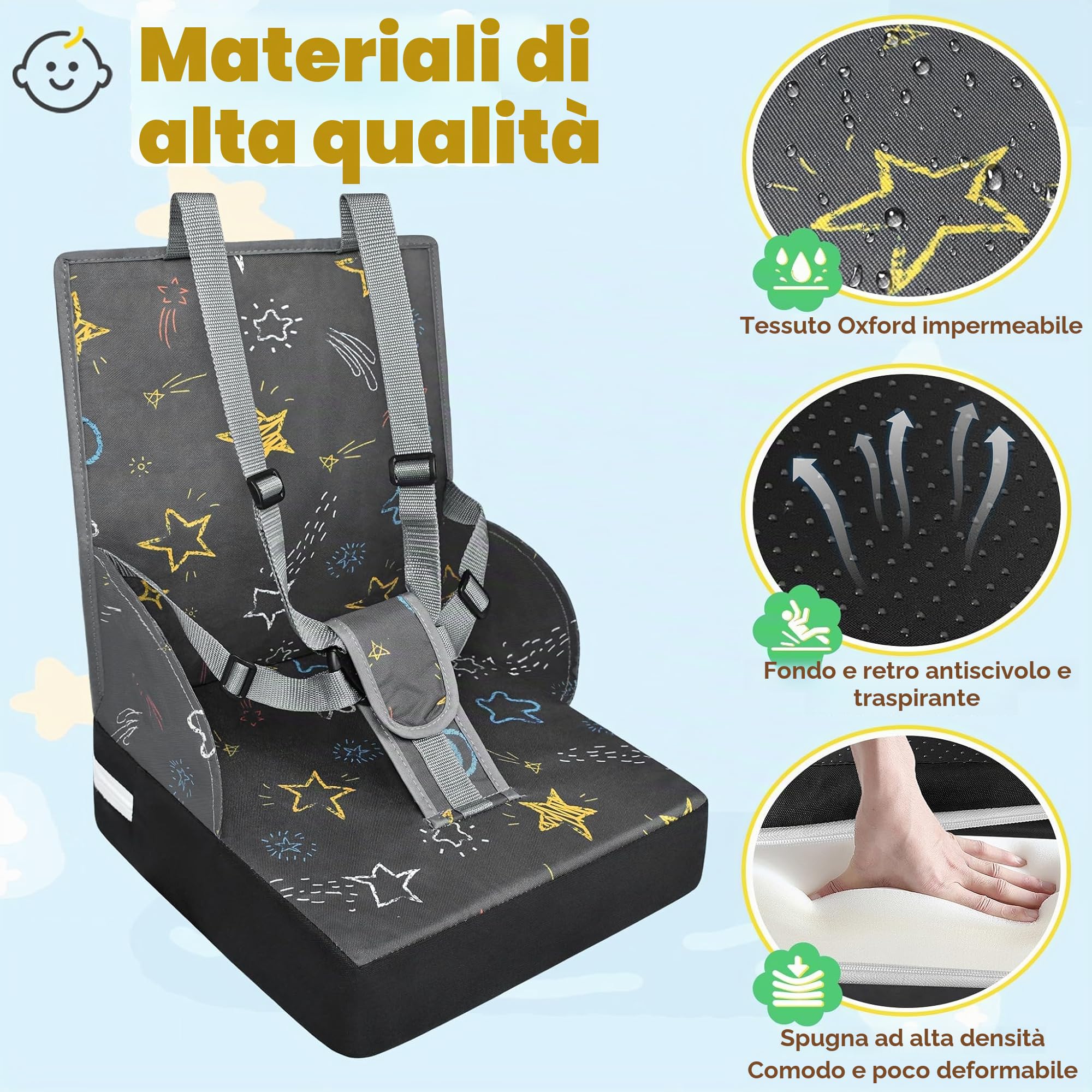 Froadp Seduta rialzata per bambini in tessuto Oxford impermeabile con schienale e cintura di sicurezza grigio