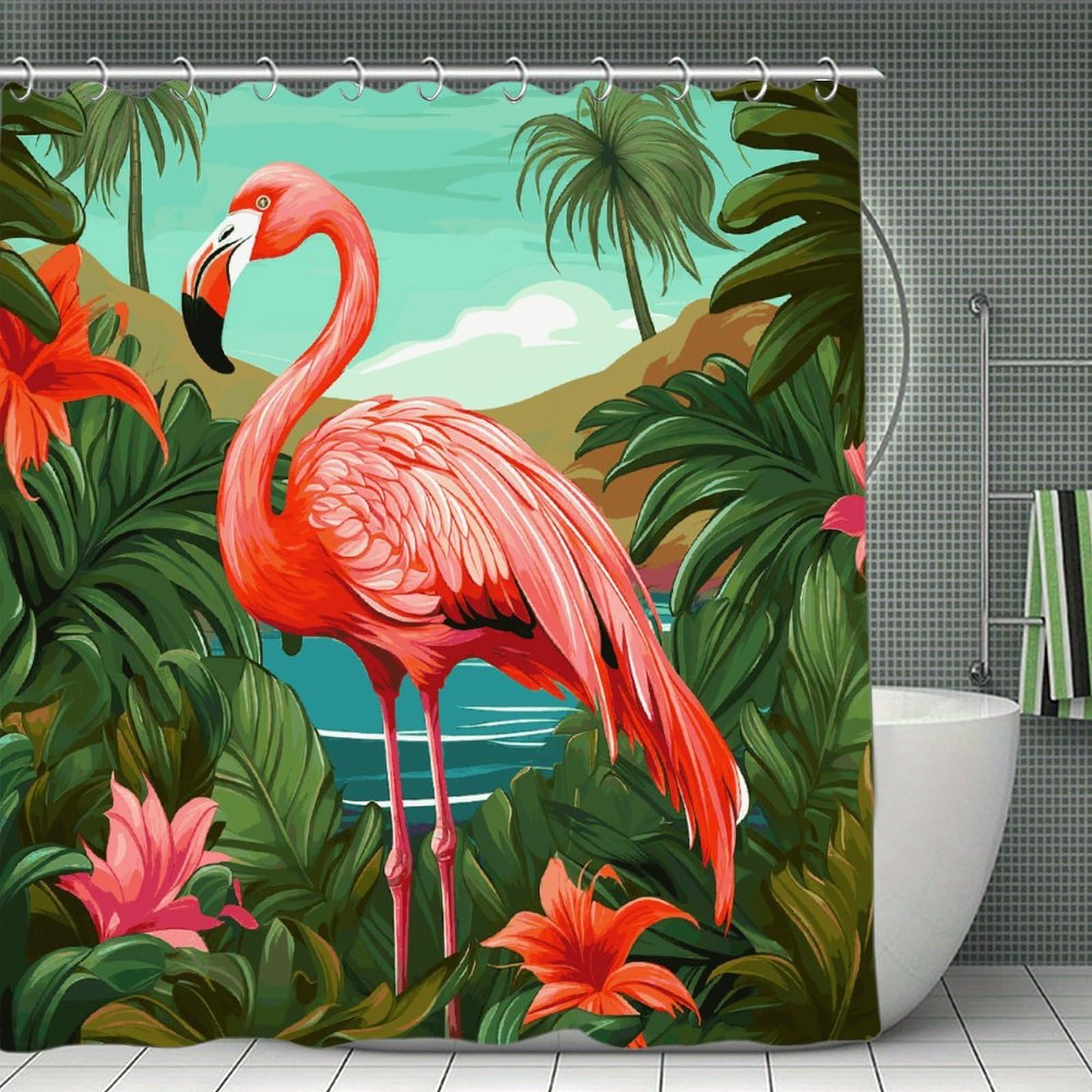 VstaDank Tropical Flamingo Shower Curtain Light-Weight Blackout Bathroom Curtain Washable Shower Liner 71x71 Inch Bath Curtain with Metal Holes Bathtub Bath Room