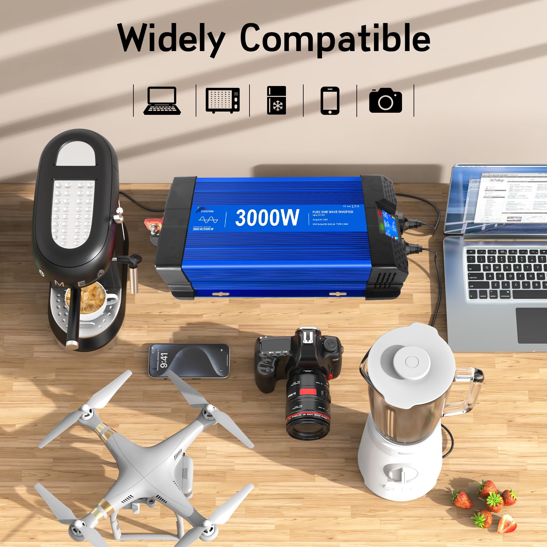 Convertisseur 3000W/6000W 12v 220v Pur Sinus Onduleur, 2 Prises UE, 2 Ports USB+Type-C, adapté aux appareils électroménagers, Camping,Camion