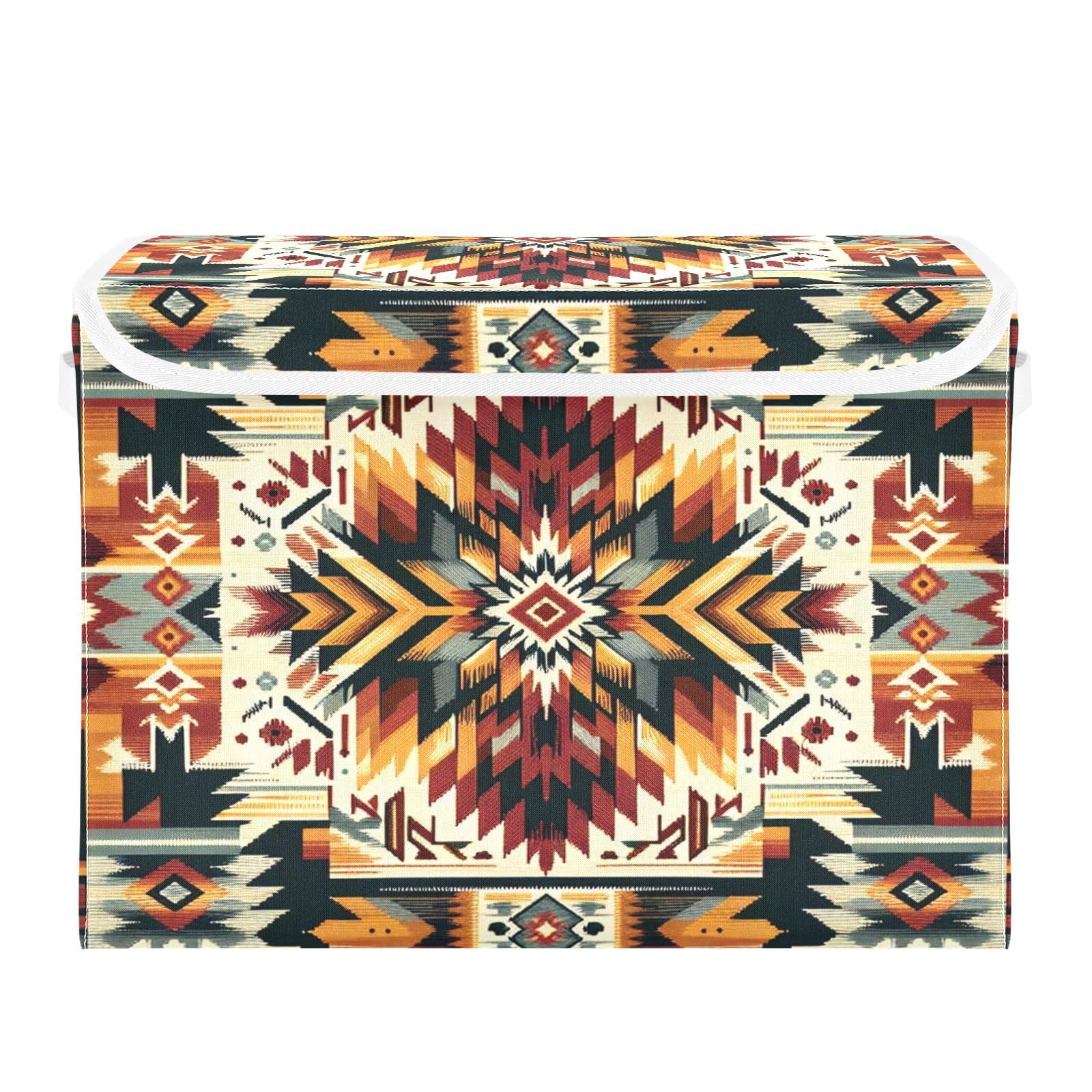 Ewusp Ethnic Prints Fabric Storage Bin with Lid, Decorative Foldable Storage Basket with Handles, Stackable Closet Shelf Organiser Box for Clothes, Books, Bedroom, Living Room