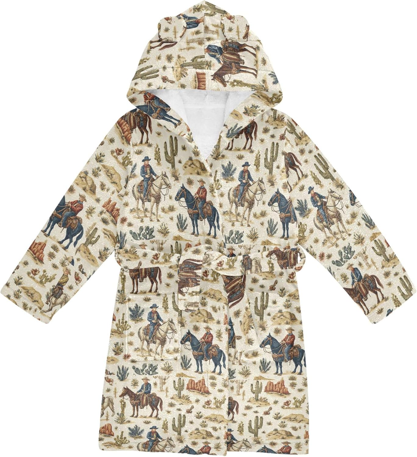 Vintage Western Cowboys Horses and Cacti Bathrobe Hooded PJ Robe Soft Fleece Robe Sleepwear 2-12 Years