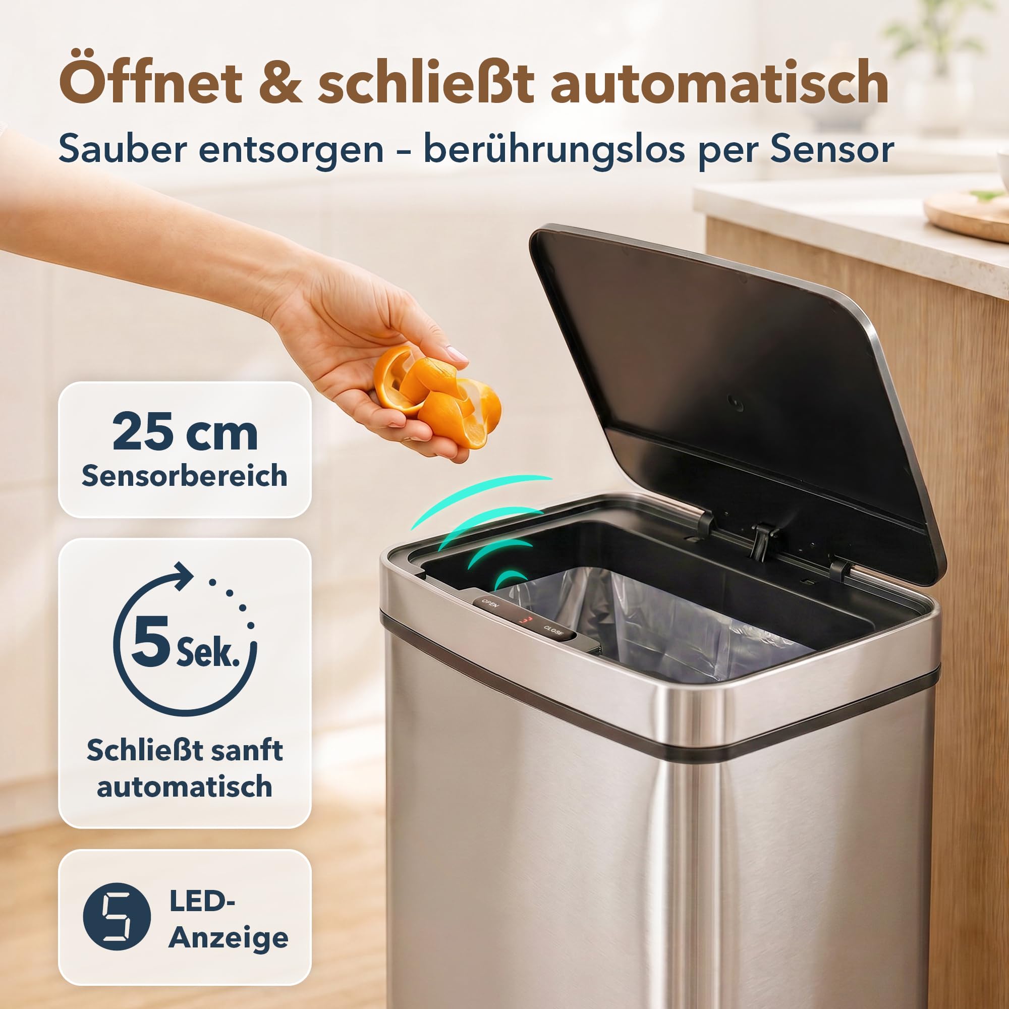 ledscom.de SORTA Sensor Mülleimer 72L, 3-Fächer Mülltrennsystem | Edelstahl, 3 Kammern: 47 L + 2×12,5 L, berührungslos, 5 Sek.-Auto-Close, herausnehmbare Inneneimer, 42 × 31,5 × 82,5 cm