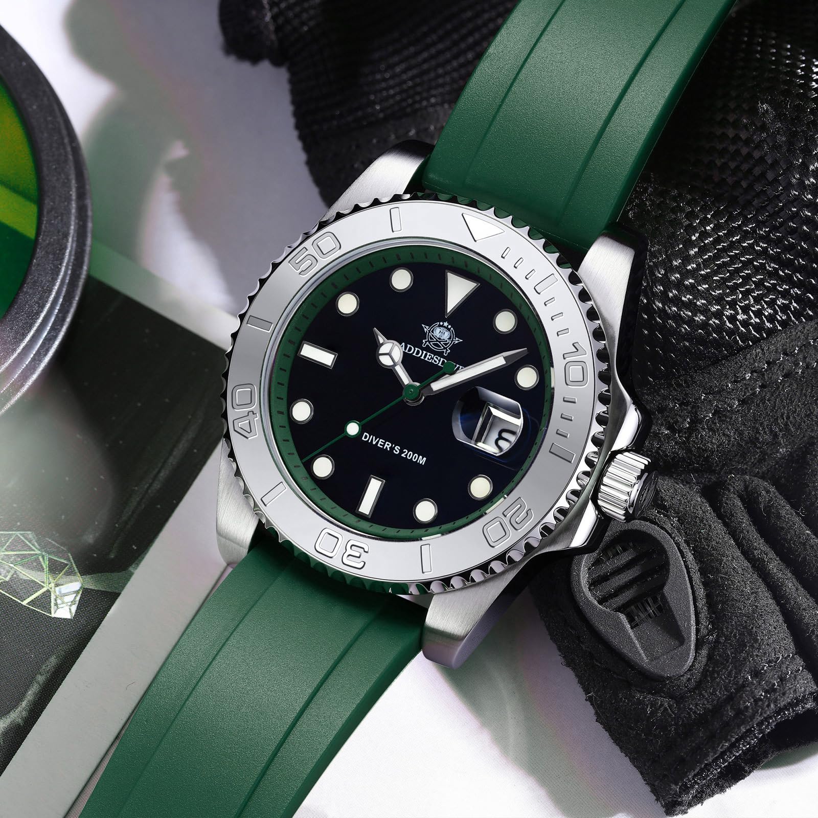 ADDIESDIVE Orologio da uomo analogico al quarzo, 41 mm, BGM9, luminoso, impermeabile fino a 200 m, lunetta girevole, quadrante facile da leggere, con cinturino in gomma morbida e traspirante, AD2040