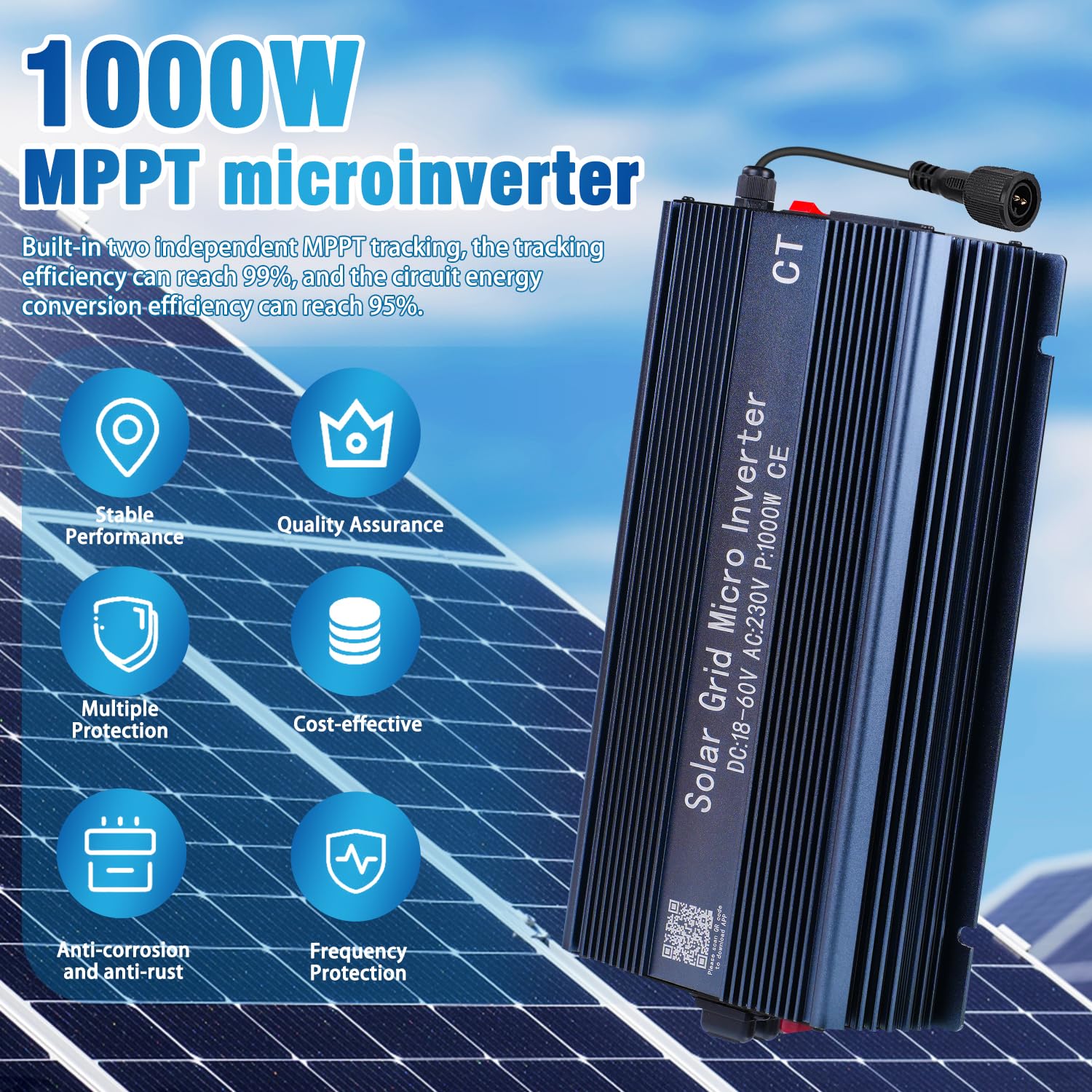 BuyWeek Grid Tie Inverter Micro inverter solare MPPT da 1000 W a onda sinusoidale pura con APP Tuya, anti-controcorrente, ingresso 22-60 V CC, uscita 230 V CA, for centrale elettrica da balcone con pa