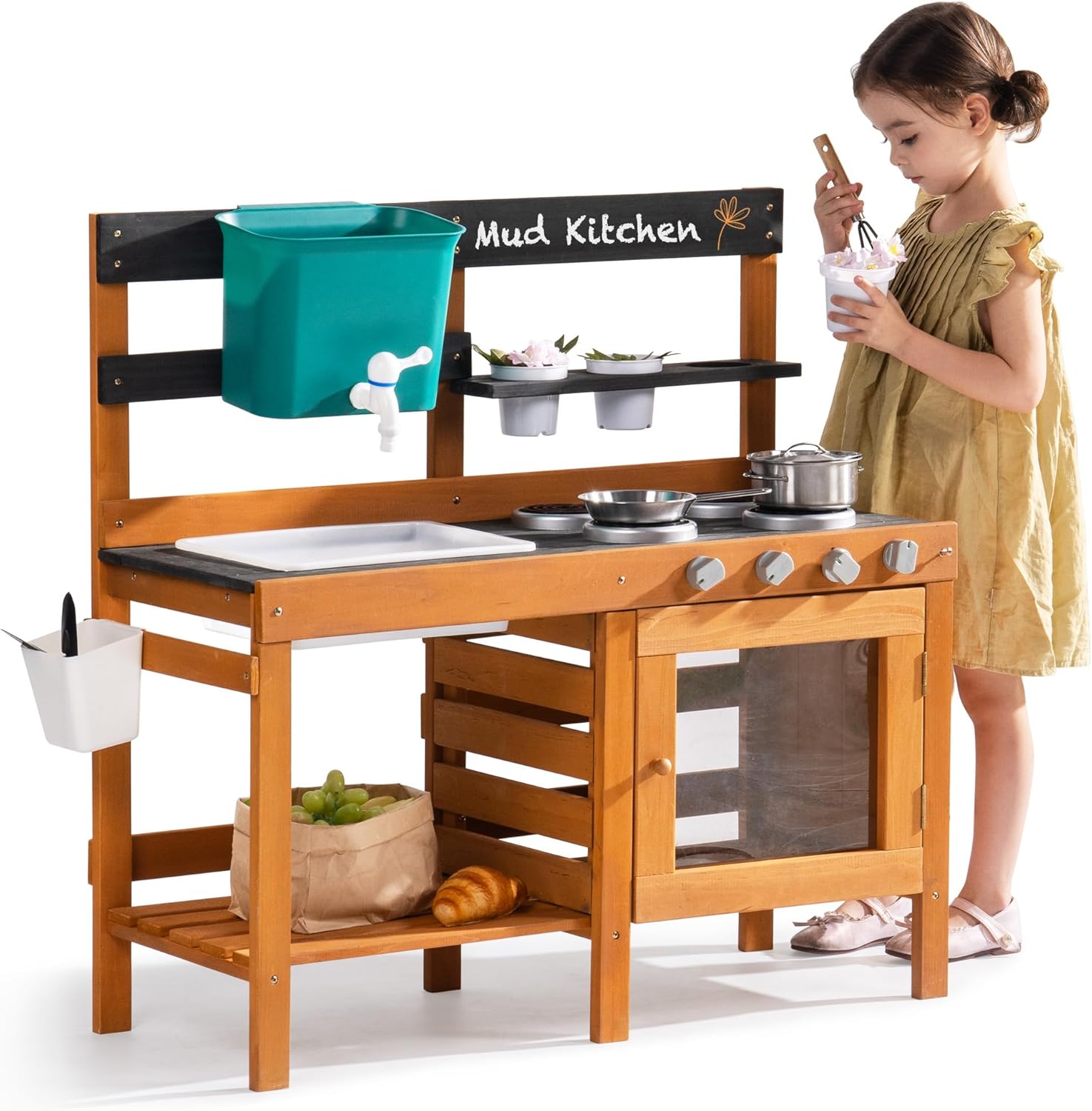 ROBOTIME Mud Kitchen for Kids Outdoor - Wooden Outdoor Play Kitchen Set with Real Water Play, Cooking Pots & Gardening Tools - Sensory Toy Kitchen for Pretend Play Ages 3+