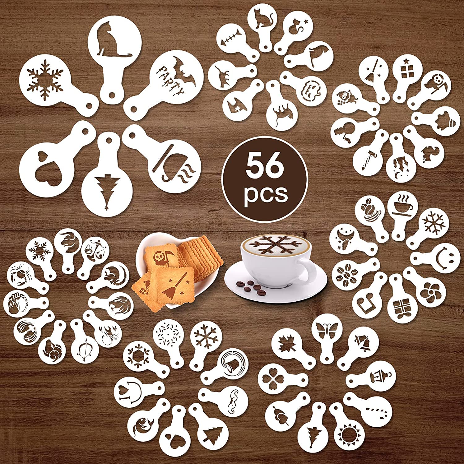Ivana's Coffee Stencil Cake Cookie Template Decoration - 56PCS for Sugar Cookie Candy Cappuccino Latte Art Chocolate, Suitable for Valentine Day, Birthday Party, Easter,Christmas,Mardi Gras(3.3 x 5.5 inch)
