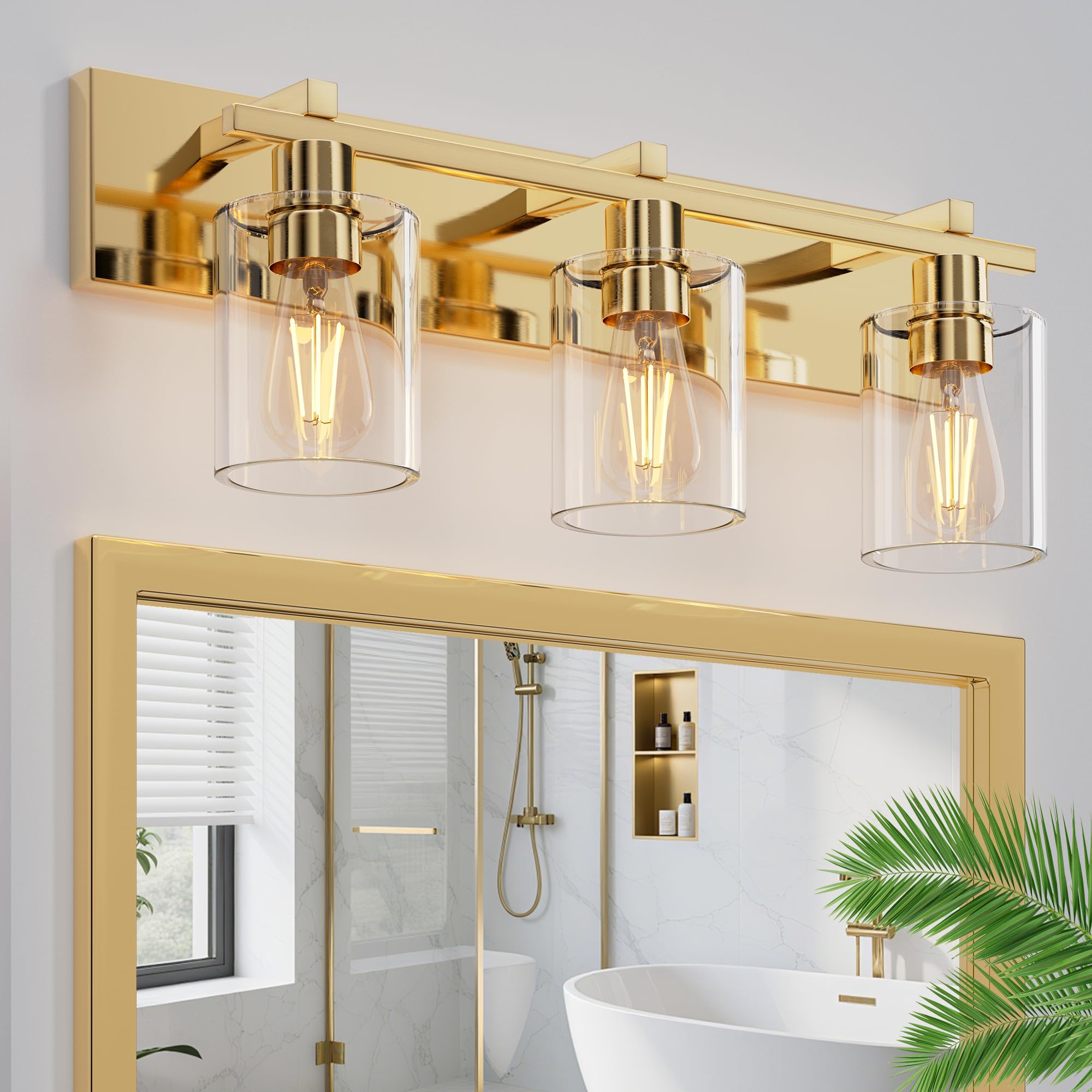 3-Light 21inch Brushed Gold Vanity Light, Thickened Clear Glass | Over Mirror for Bathroom, Rust Resistant, E26 Base, Easy Install, Removable Glass Shade Horizontal Mount, Dimmable
