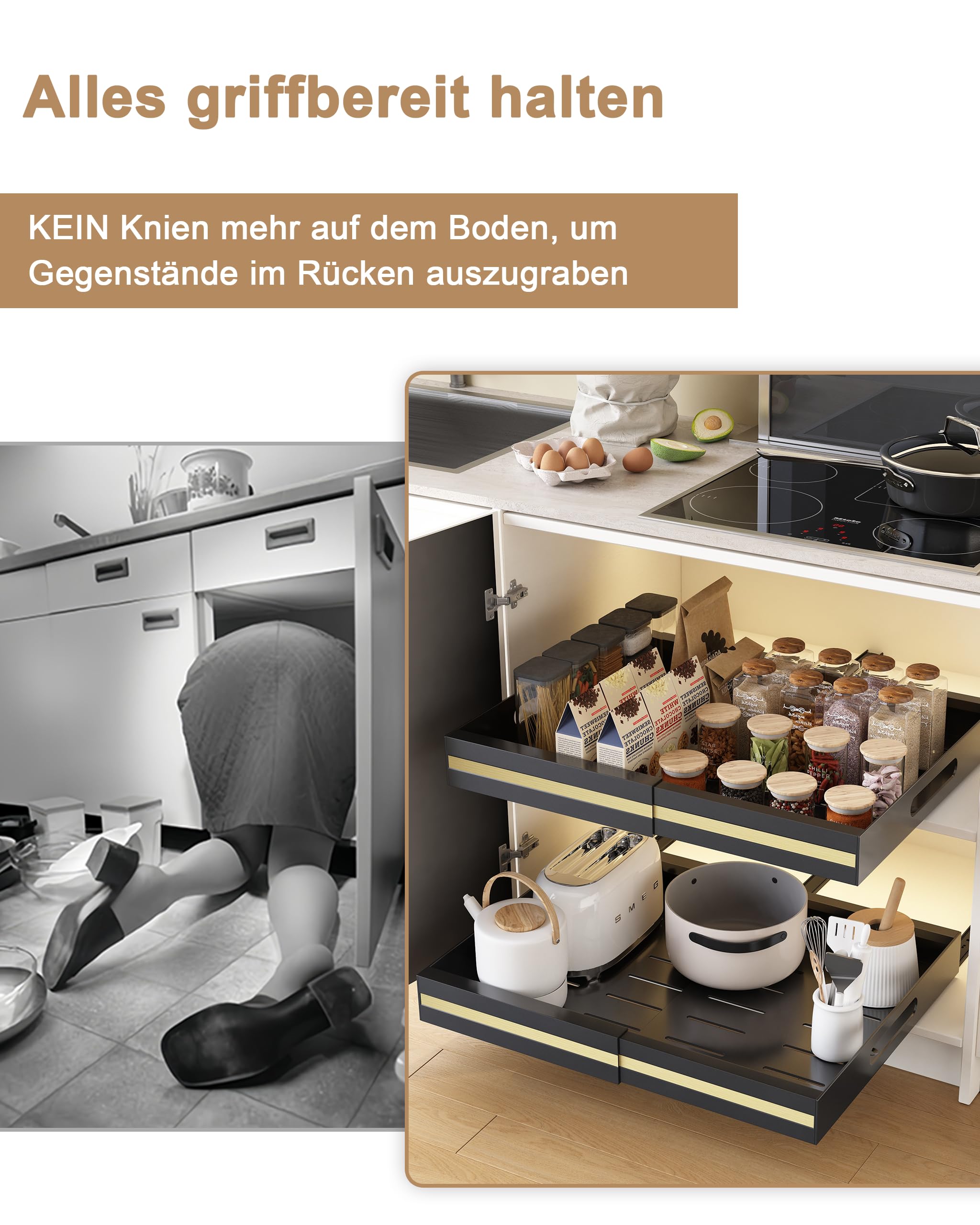 UMDONX 2 Pack Ausziehbare Schublade Küche Organizer mit Kleber, Teleskopschublade Erweiterbar Schrank Aufbewahrung Einstellbare Kitchen, Metall, Schwarz