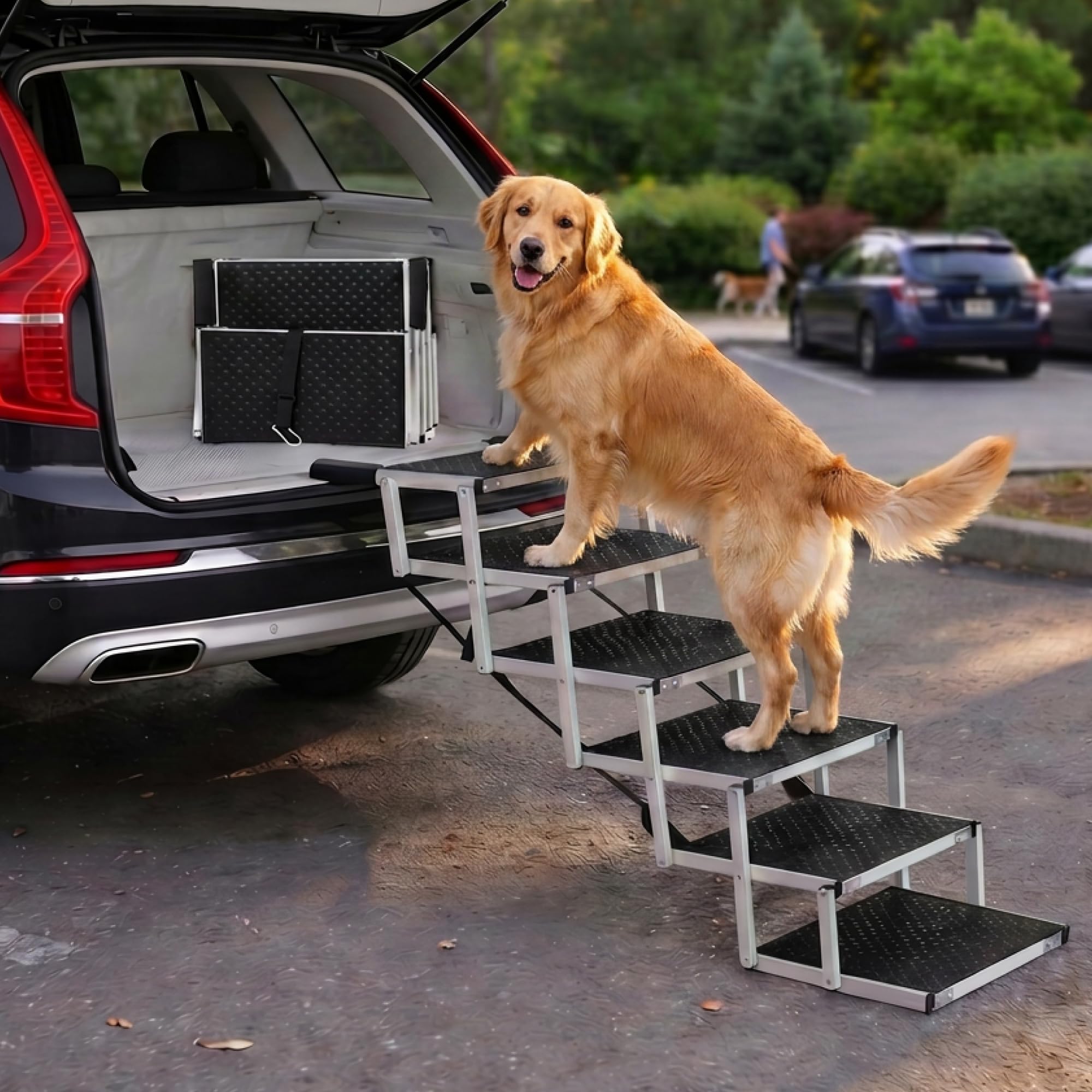 Hundetreppe Auto Klappbar – 4, 5 oder 6 Stufen für niedrige bis hohe Kofferraumhöhen (63–81 cm) – Für Kleinwagen, Kombi & SUV – Einstiegshilfe für große Hunde ohne Springen, Alternative zur Hunderampe
