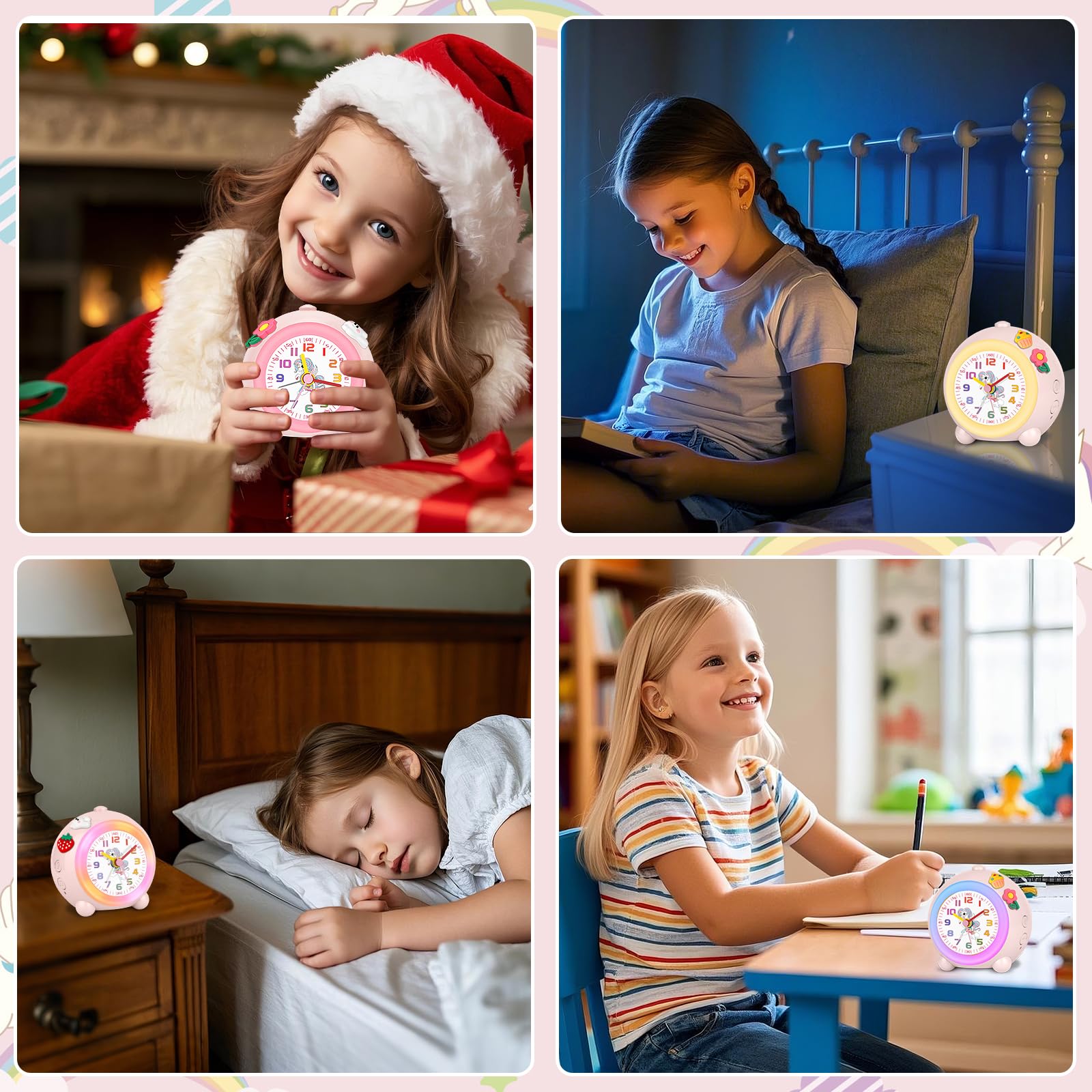 SOCICO Sveglia analogica per bambini ragazze, design unicorno, silenziosa, senza ticchettio, graziosa sveglia analogica pesca, con luce colorata, volume regolabile (rosa pallido)