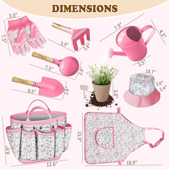 Kids Gardening Tool Set 18PCS Outdoor Toys Tote Bag Watering Can Apron Pink