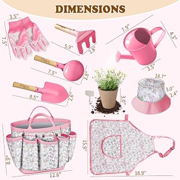 Kids Gardening Tool Set 18PCS Outdoor Toys Tote Bag Watering Can Apron Pink