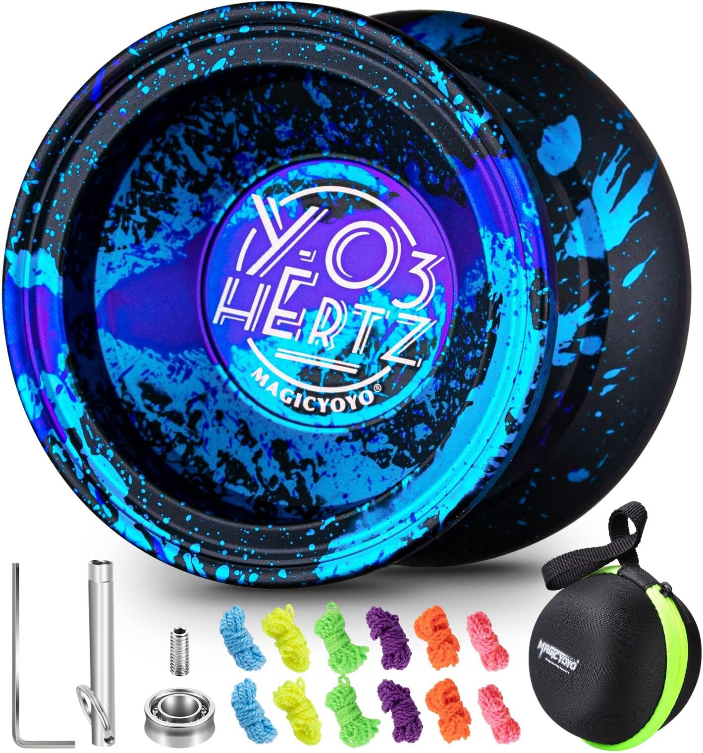 Professional Yoyo Y03-Hertz, Non-Reactive Yo-Yo for Kids/Adults, Pro Aluminum Metal Yo-Yo Ball for Intermediate Advanced + 12 Extra Yo-Yo Strings + Yo-Yo Bag + Yo-Yo Bearing + Removal Tool (3 Acid