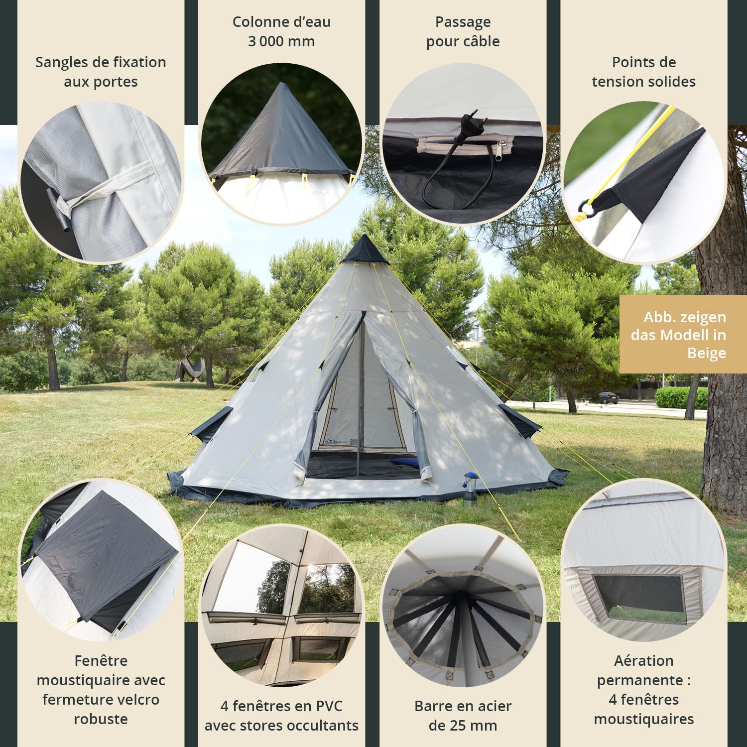 Skandika Tipi Goathi Tente d'Extérieur 6/10 Personnes | Camping Imperméable, Sol Cousu, Moustiquaire, Hauteur 2,5 m, Colonne d'Eau 3000 mm | Festival