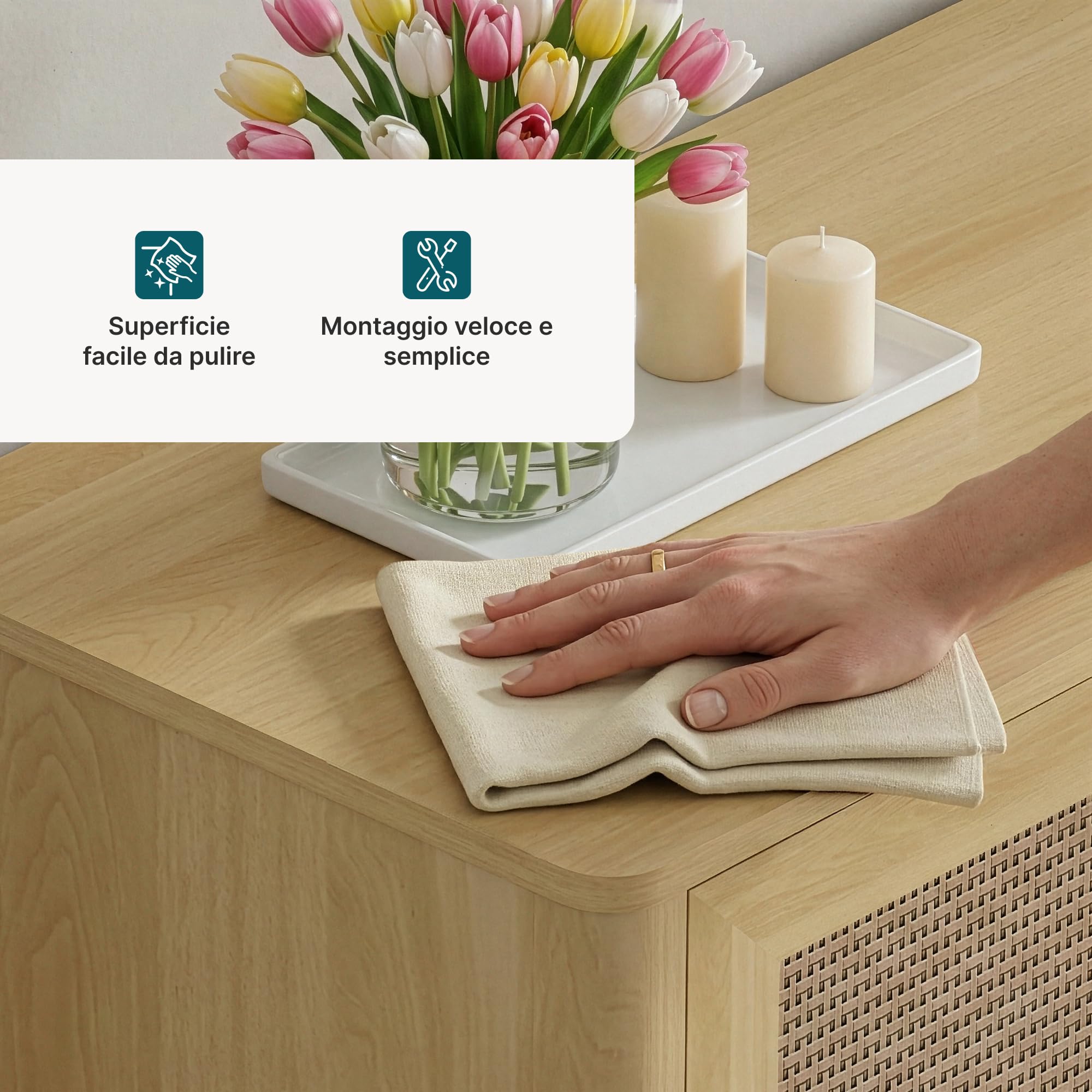 [en.casa] Credenza Bassa Ante con Inserto Intreccio Effetto Rattan Armadio Basso Madia Moderna per Soggiorno Ingresso Sala da Pranzo 83 x 80 x 40 cm Effetto Rovere