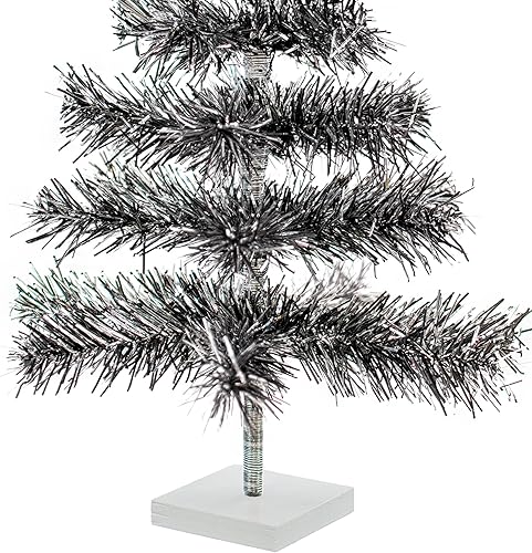 Miniatura 4 de Árbol de Navidad artificial de 18 pulgadas de color negro y plateado, ramas de fuegos artificiales, para interiores y exteriores, base de madera