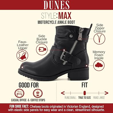 Dunes Max Motorcycle Womens Ankle Boots Comfortable Booties for Women with Zipper & Buckle, Combat Boots Style, Memory Foam, Wide Width Options